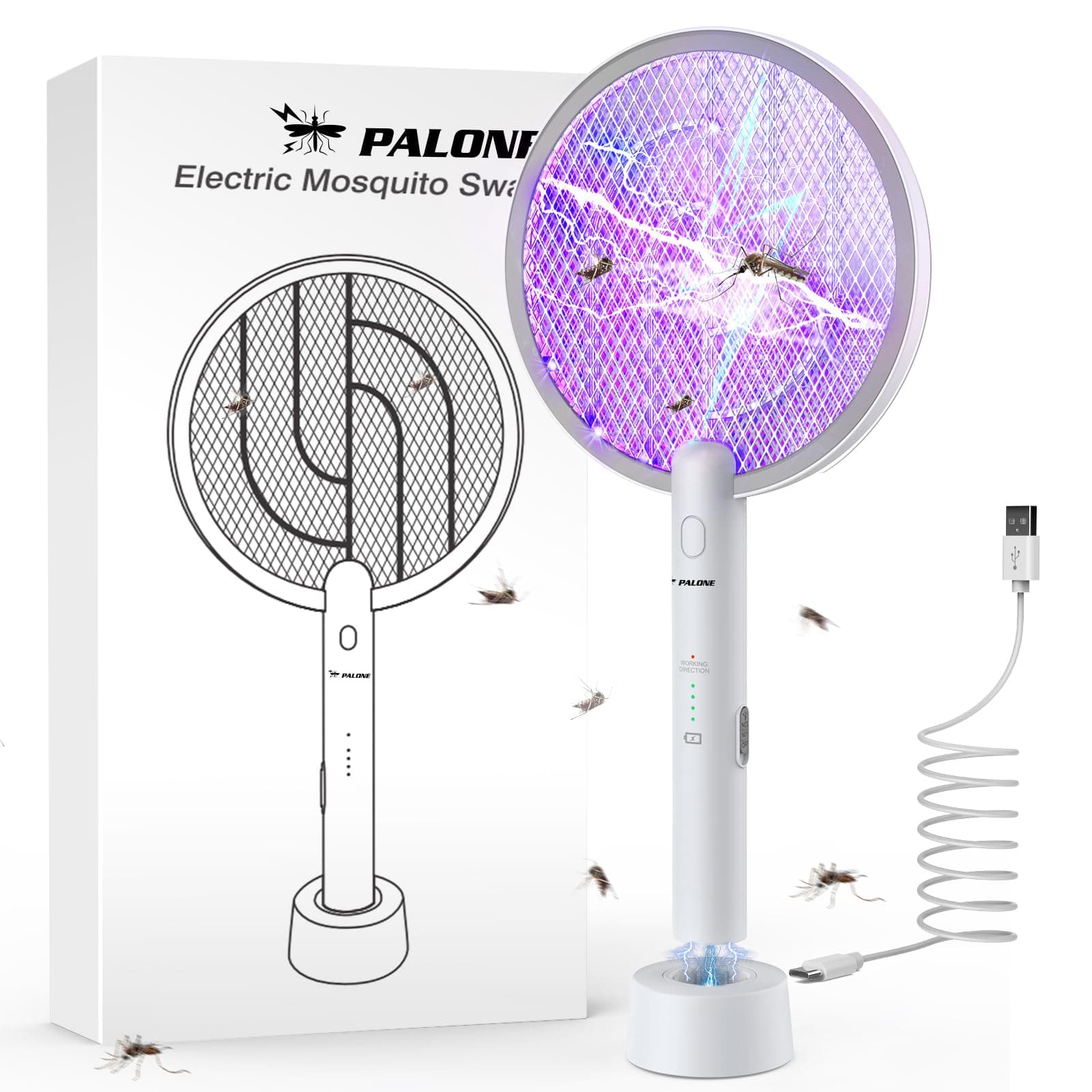 PALONE Electric Fly Swatter, 4000V Bug Zapper Fly Killer Rechargeable Fly Zapper Racket, Handy Fly Killer Racket, Mosquito and Wasp Killer, Insect Killer for Indoor and Outdoor Pest Control (White*1)