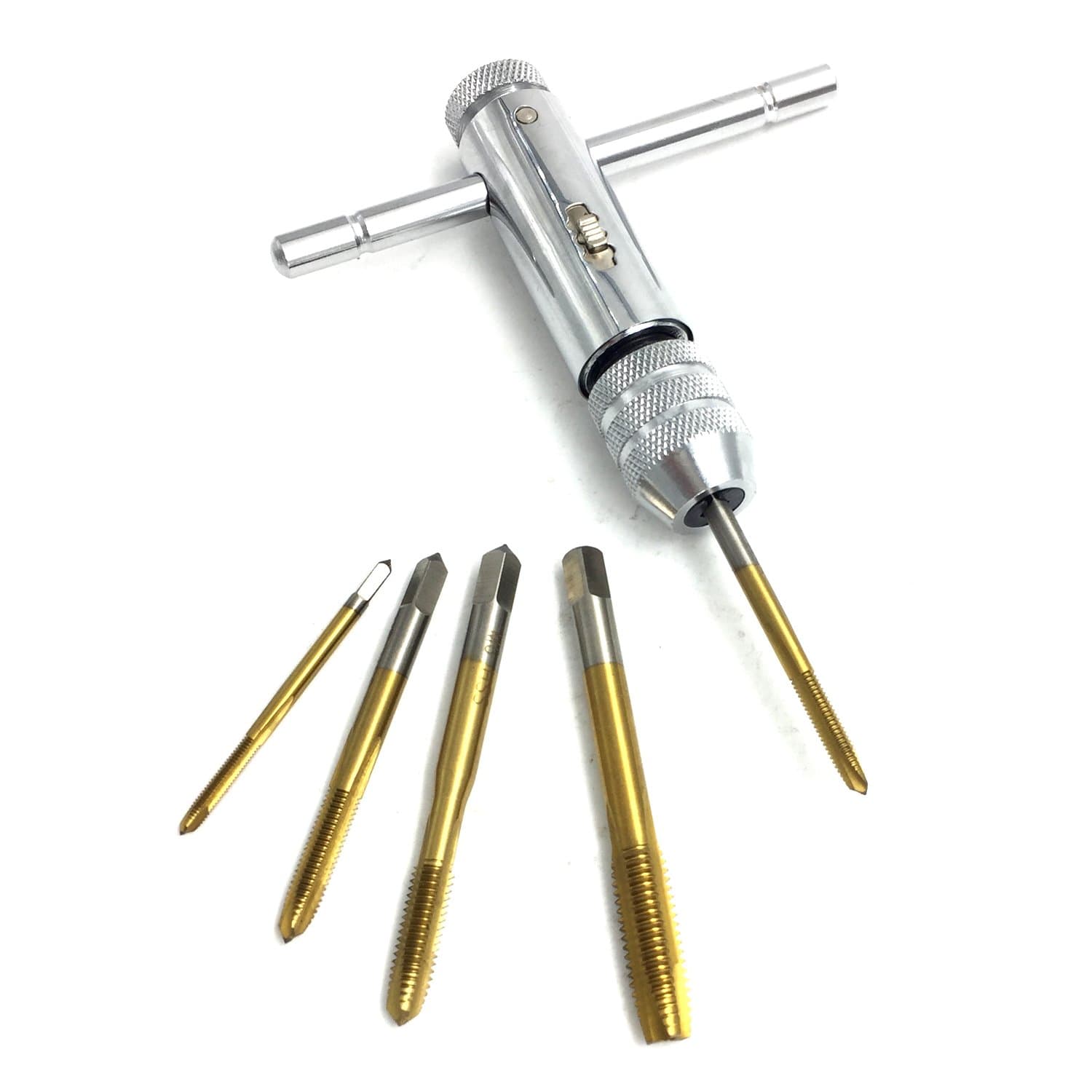 PANOVO T-Handle Reversible Ratchet Wrench Tapping Threading Tools Set with Hand Screw Tap Adjustable M3-M8 3mm-8mm Titanium Coated HSS Drill Bit Set