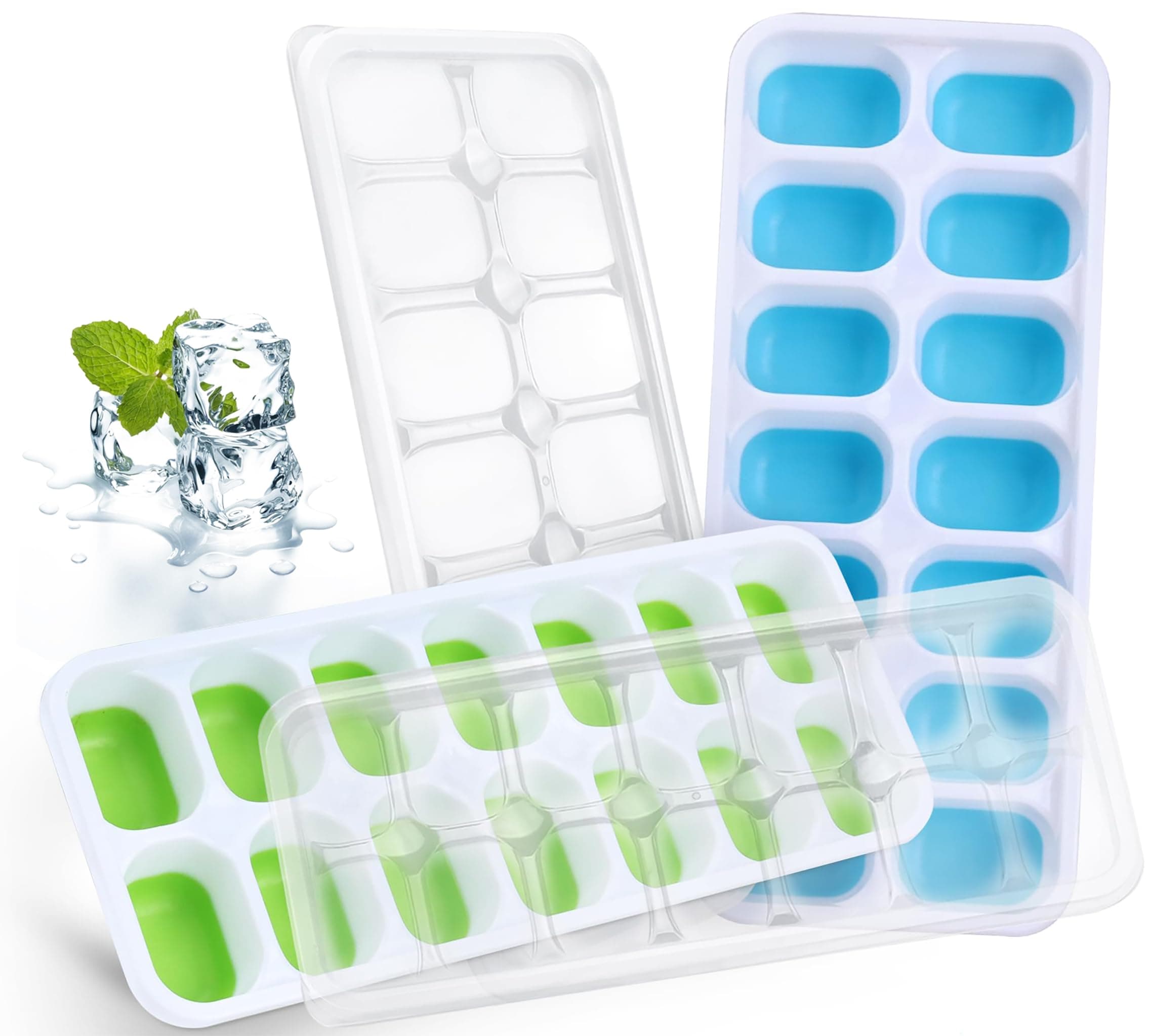 4PCS Ice Cube Trays, Reusable Ice Cube Moulds with No-Spill Removable Lid, Easy-Release Silicone and Clean Ice Trays for Homemade, BPA Free, Ice Cubes for Whiskey, Cocktail and Drink(Blue & Green)