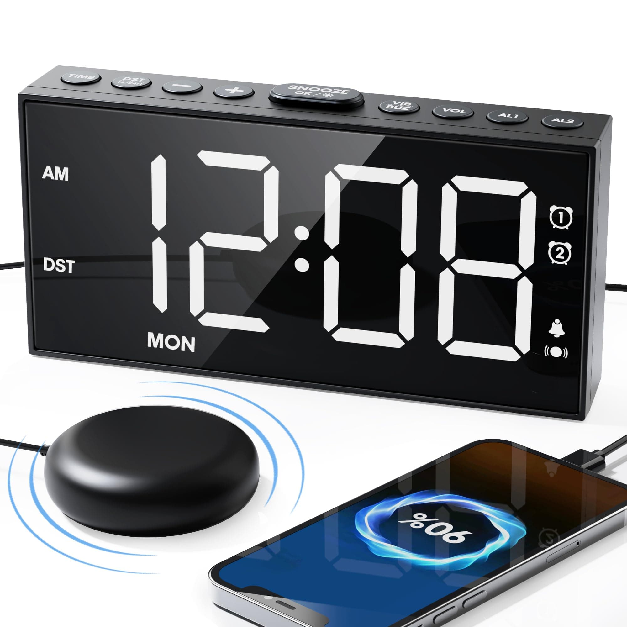 Vibrating Alarm Clock with Bed Shaker for Heavy Sleepers, 3-Level Vibration, Dual Alarms with Weekday & Weekend Mode, Large Digits, Dimmer, Snooze, USB Charger, Battery Backup