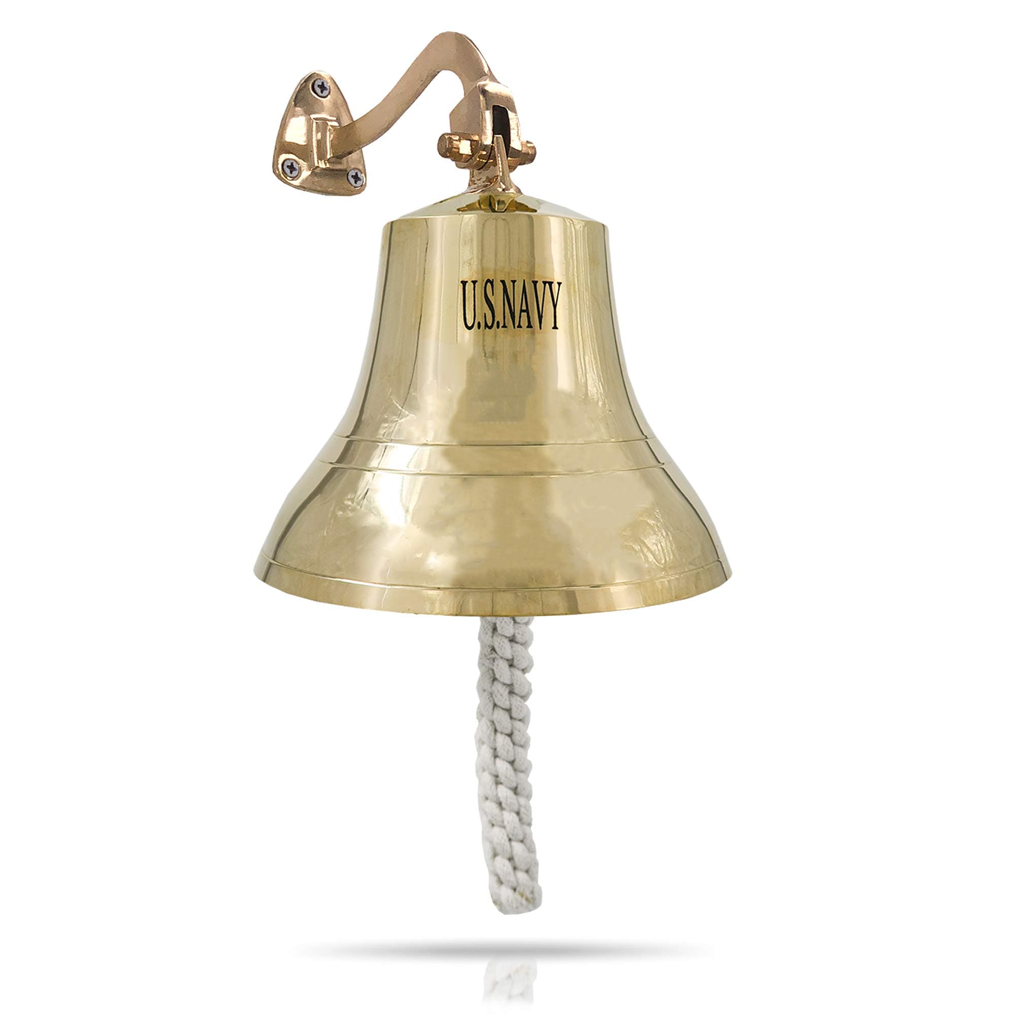 US Navy Ship Bell 8" Tall Solid Brass Military Engraved Design Wall Mountable - Clear Ring for Indoor and Outdoor Use Nautical Decor