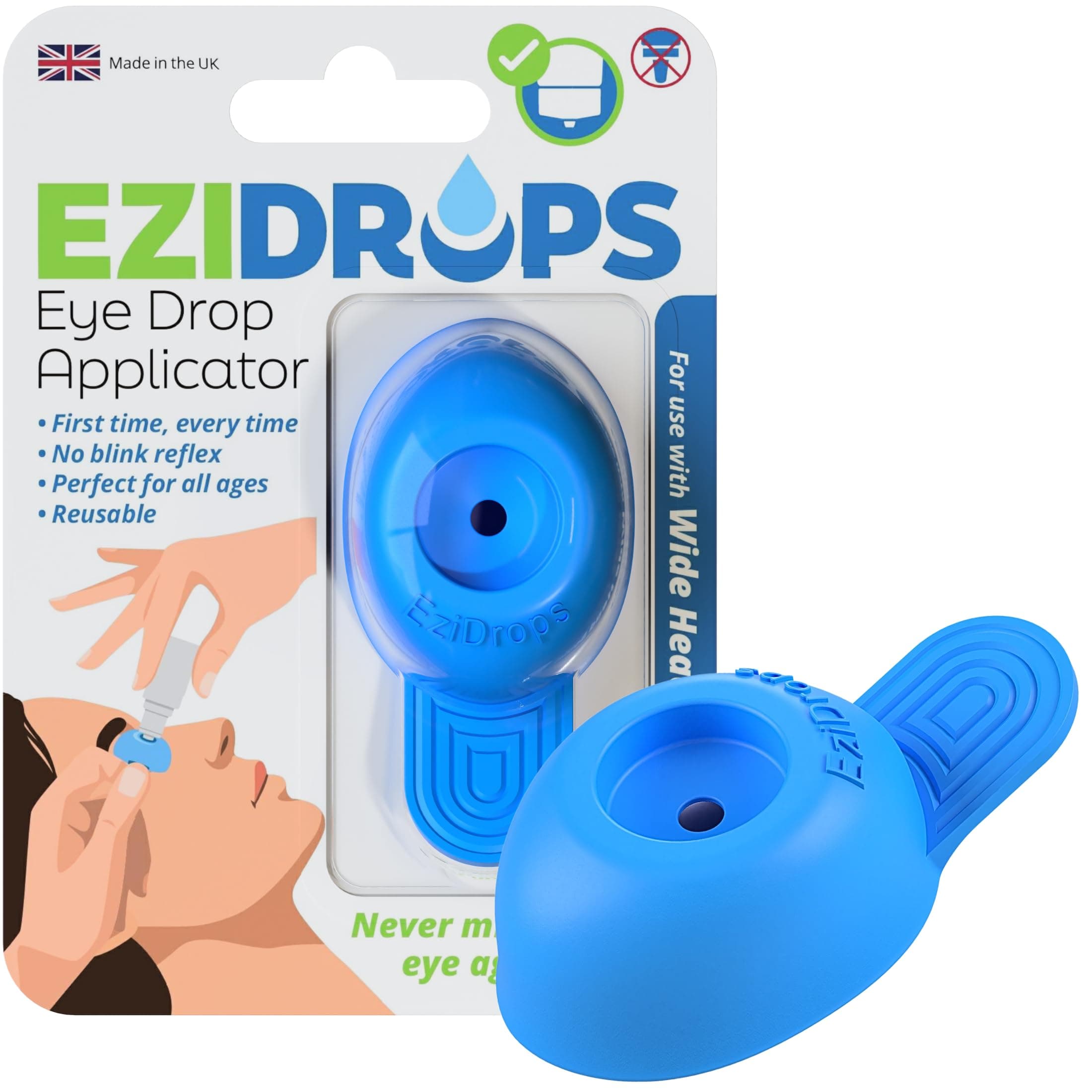 Eye Drop Applicator for Flat & Wide Head Bottles – Blink Reflex Stopper for Precise Eye Drops Application – Reusable & Portable Eye Dropper Tool for Kids, Adults & Seniors (Blue)