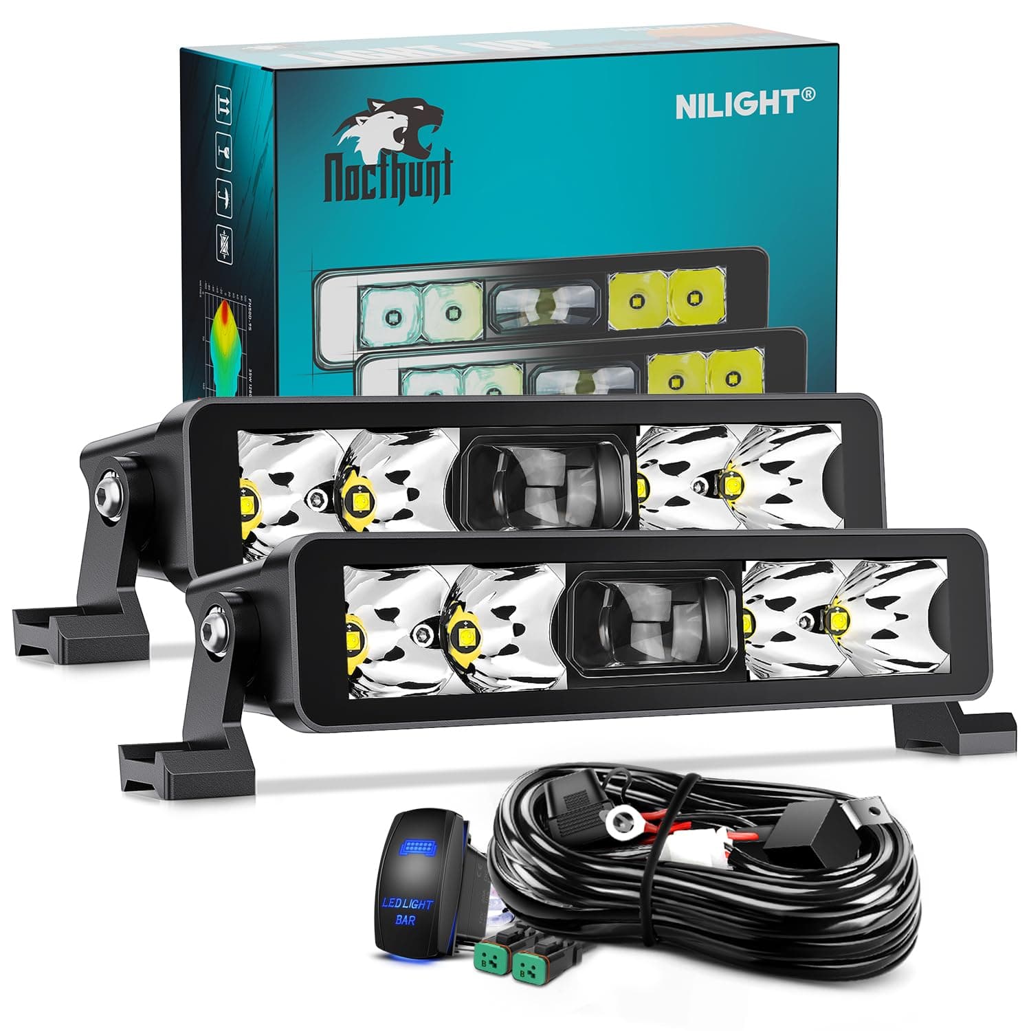 LED Light Bar 8 Inch 5LED 2 PCS Single Row Spot LED Fog Screw-less night vision Off Road Driving Lights w/18AWG Rocker Switch Wiring Harness Kit for Truck ATV UTV