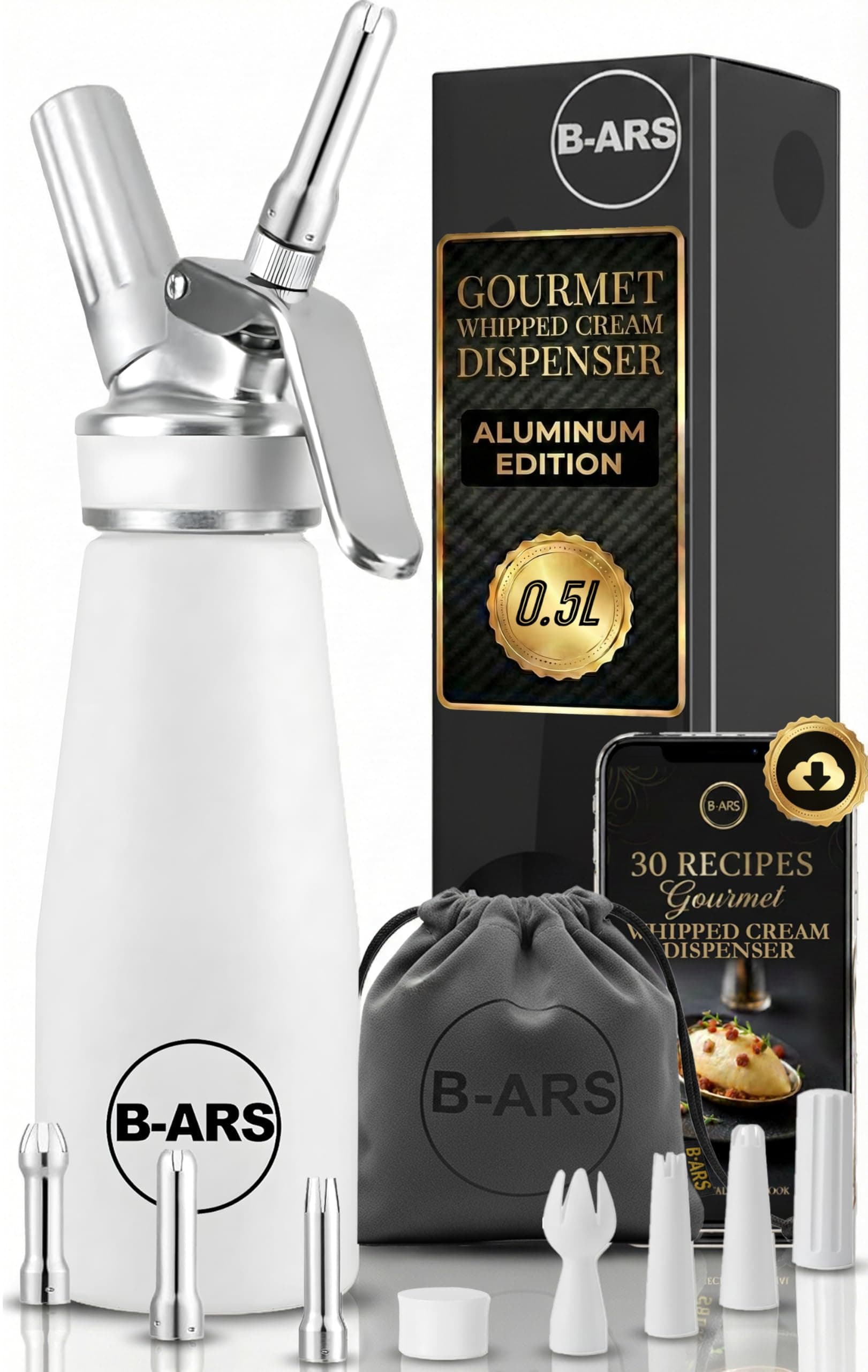 B-ARS Chantilly Kitchen Siphon in Durable Aluminium 500 ml White with Stainless Steel Nozzles Easy to Clean Ideal Mousse Dessert and Decorations Syphon Chantilly