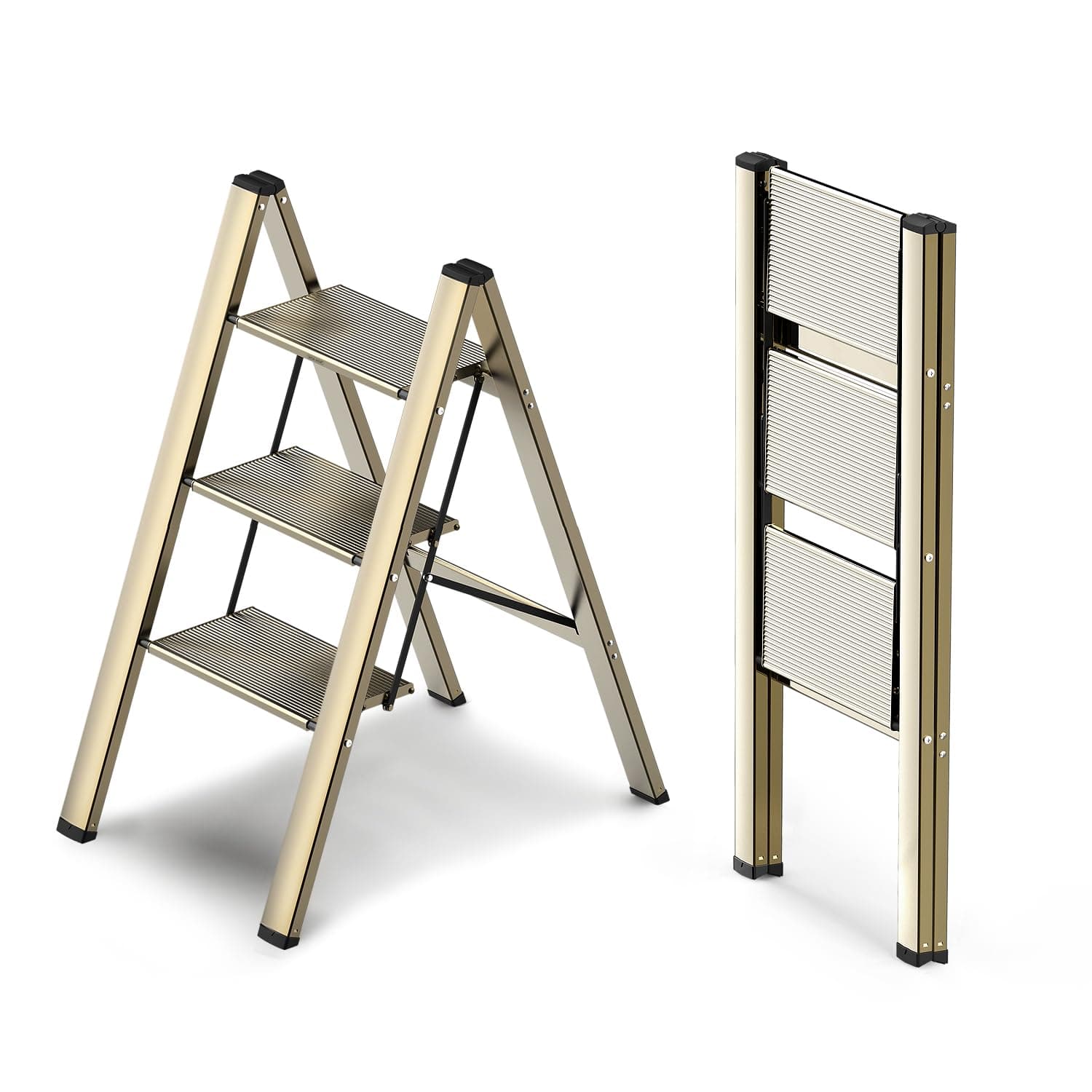 WOA WOA 3 Step Ladder, Folding Step Stool with Wide Anti-Slip Pedals, Aluminum Lightweight Ladder, Portable Stepladders for Home, Kitchen, Office 300lbs - Gold