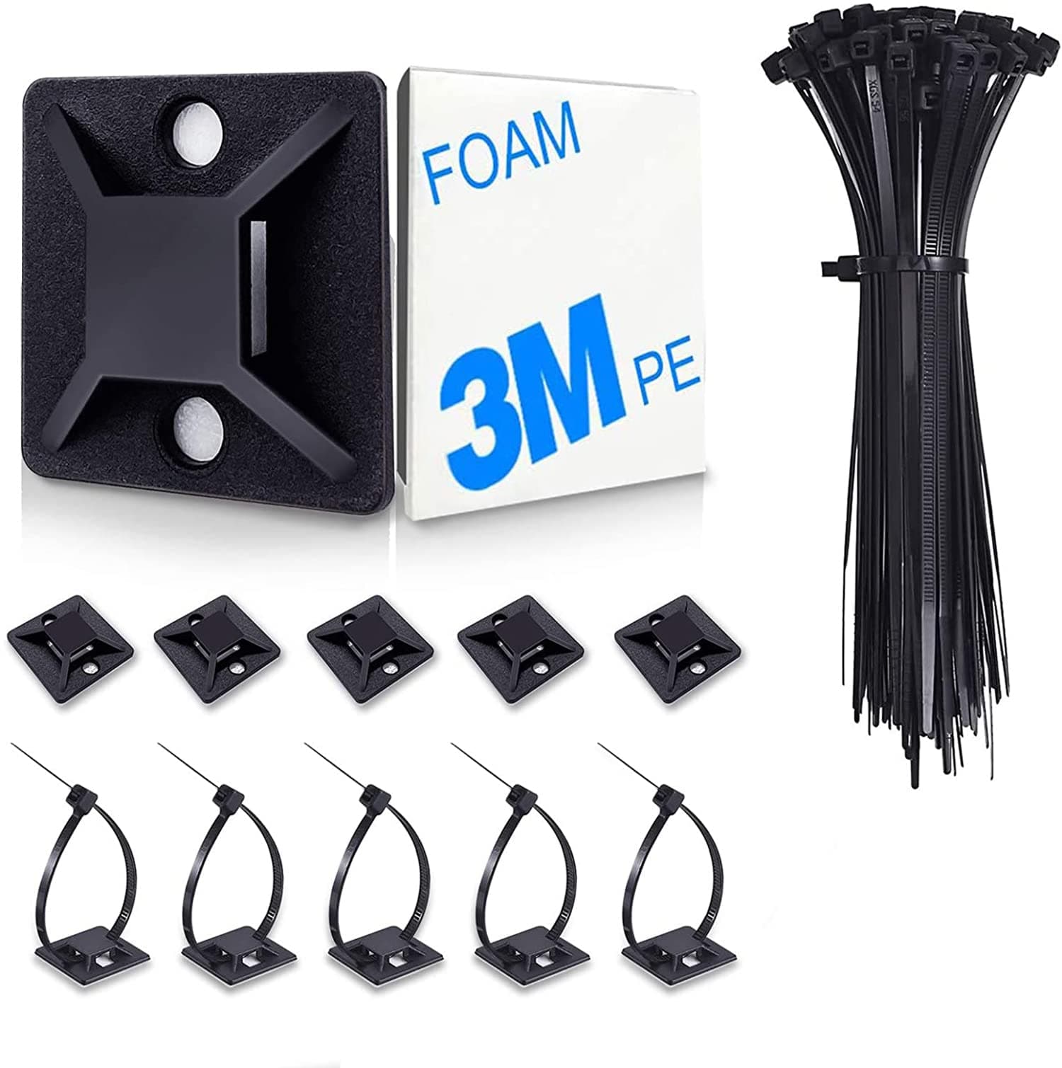 Cable Ties, 100Pcs Zip Tie Adhesive Mounts, Self Adhesive Cable Tie Base Holders, Adhesive Backed Mount with 500Pcs Nylon Cable Tie for Cable Management, DIY, Home, Office & Workshop
