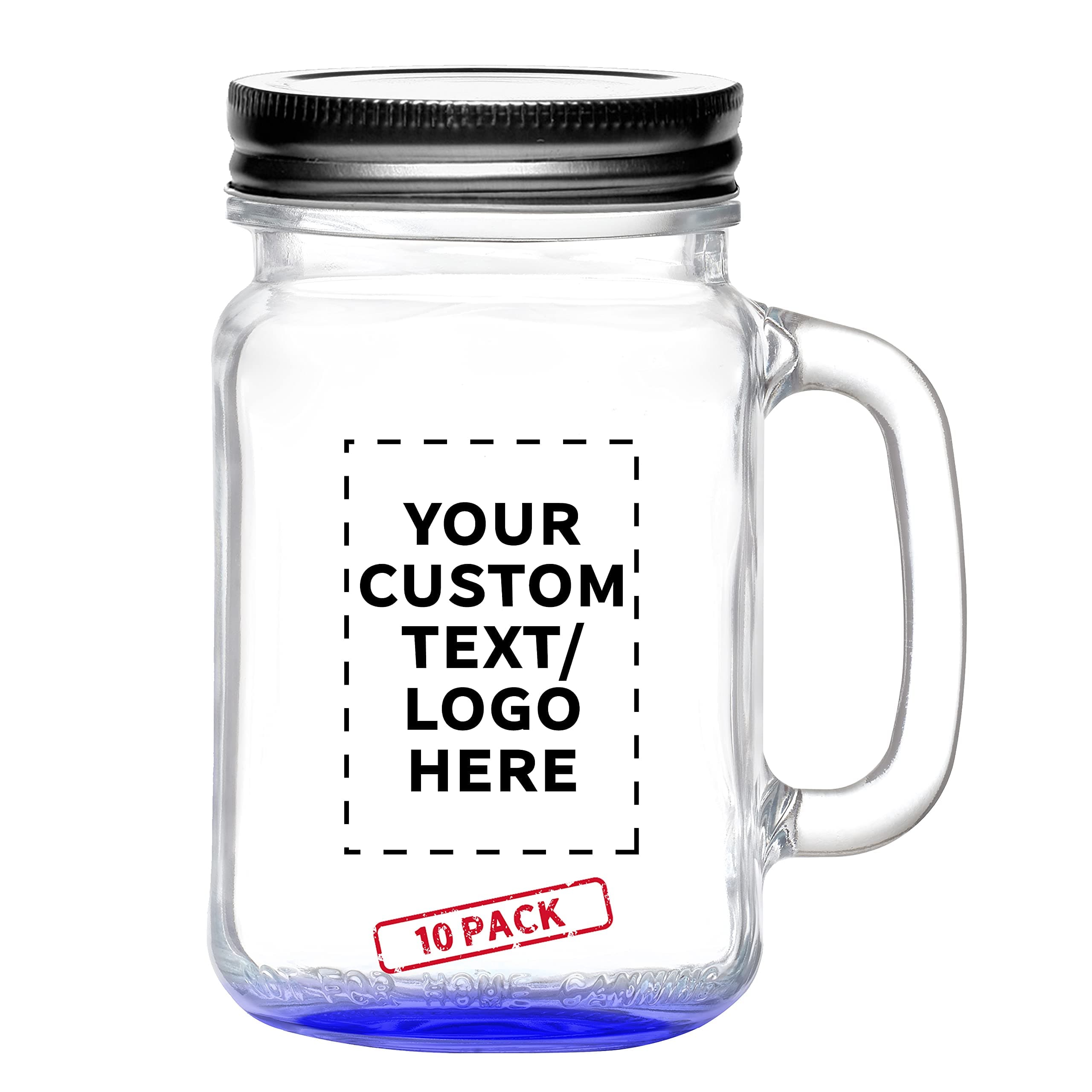 10 Libbey Handle Mason Jars with Lids Set, 16 oz. - Personalized Text, Logo - Traditional style, Drinking, Glassware - Blue