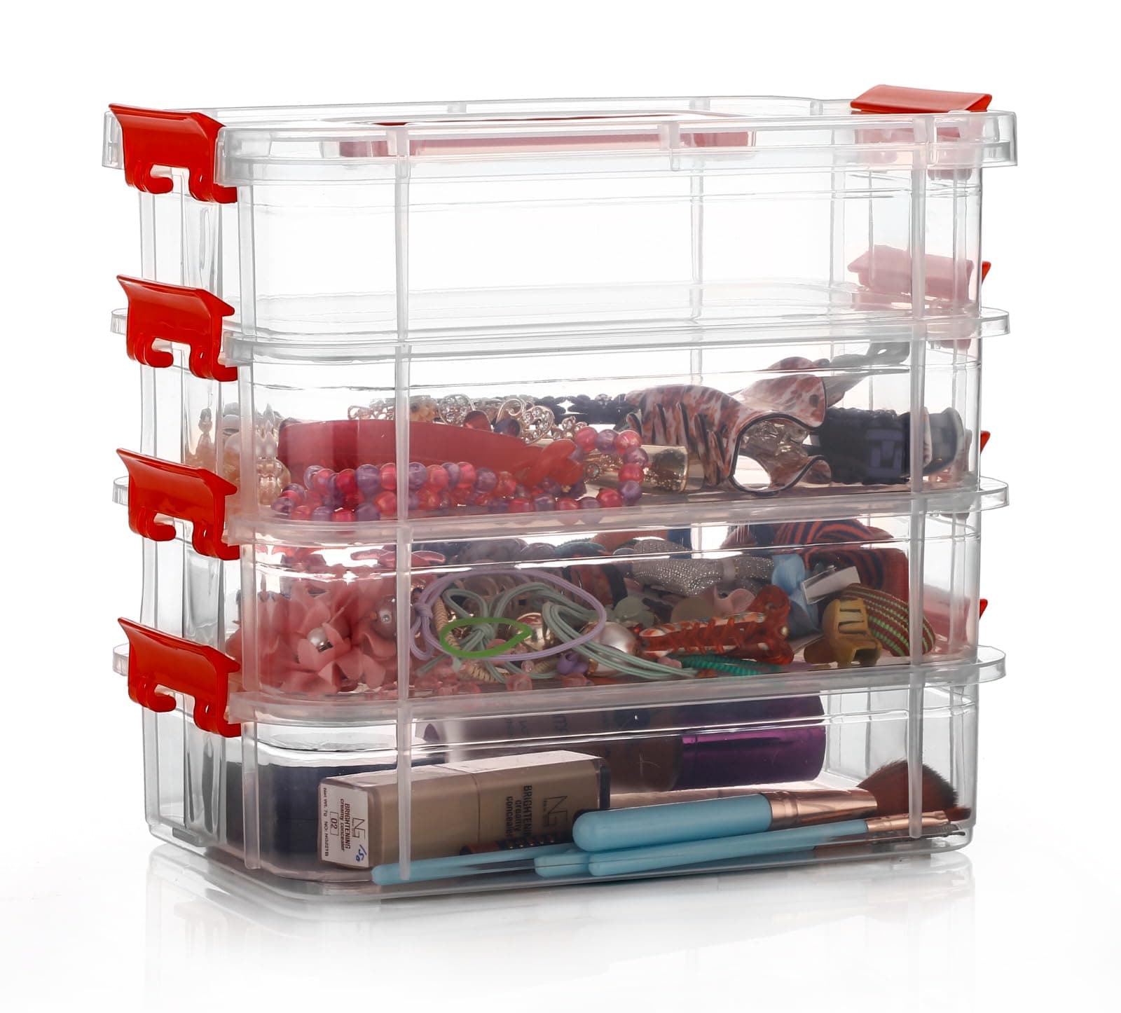 - plastic boxes for Storage transparent boxes for storage, Portable & Stackable Space Saving Organiser with Lid for Medicine, Jewelry, Arts & Crafts, Buttons, Beads (Red, 4 TIER)