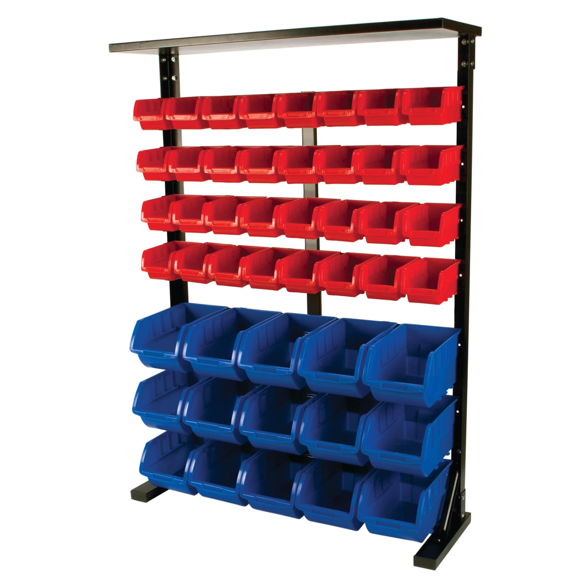 W5193 Half Bulk Bin Storage Rack with 32 Large and Small Bins for Easy Garage Organization of Tools, Parts, Hardware, and More, Red and Blue