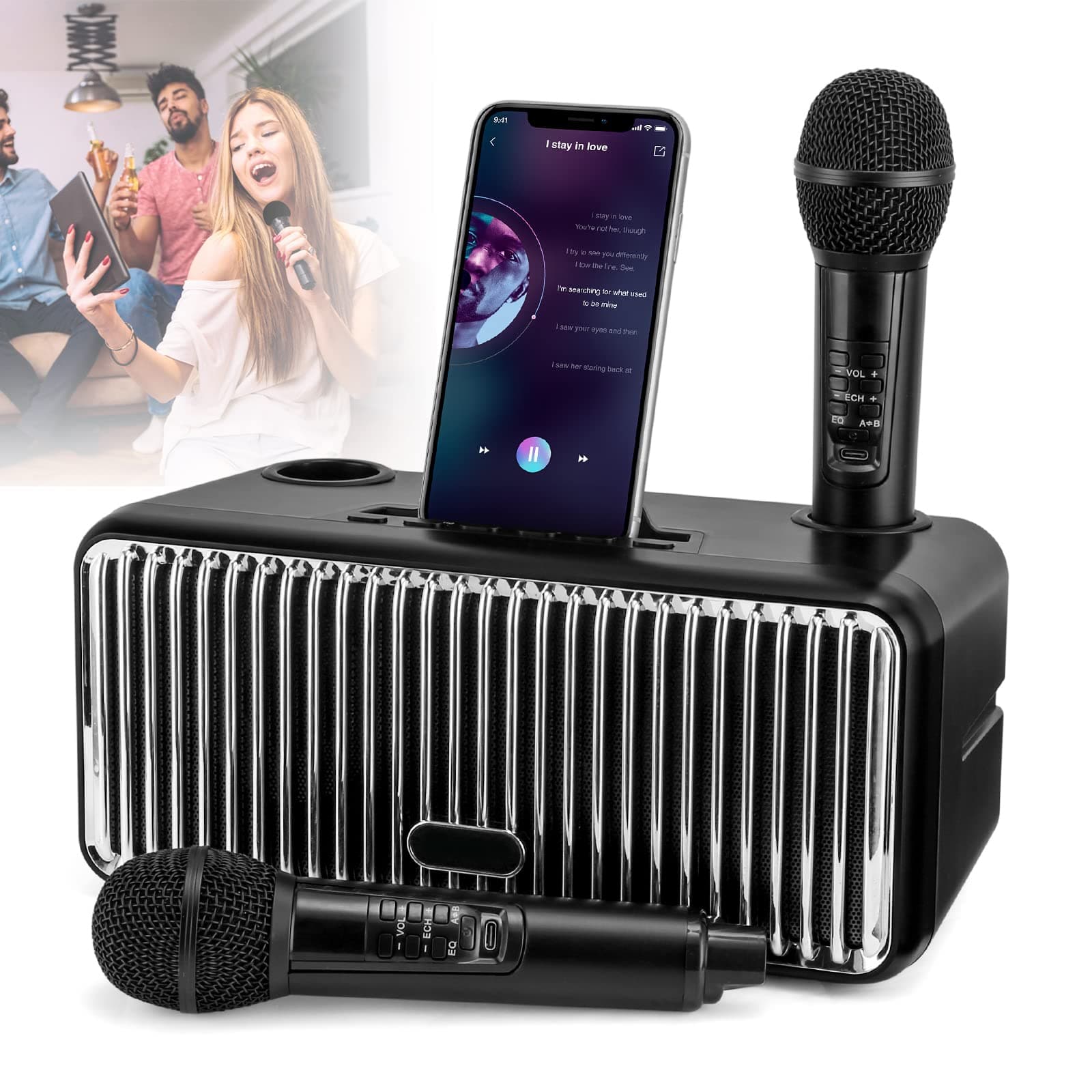 Karaoke Machine with 2 Wireless Microphone, Bluetooth Karaoke Speaker with PA System/Speaker/USB/TF Card/AUX In, Singing Machine for Home Parties, Meetings, Church, Picnic, Outdoor/Indoor