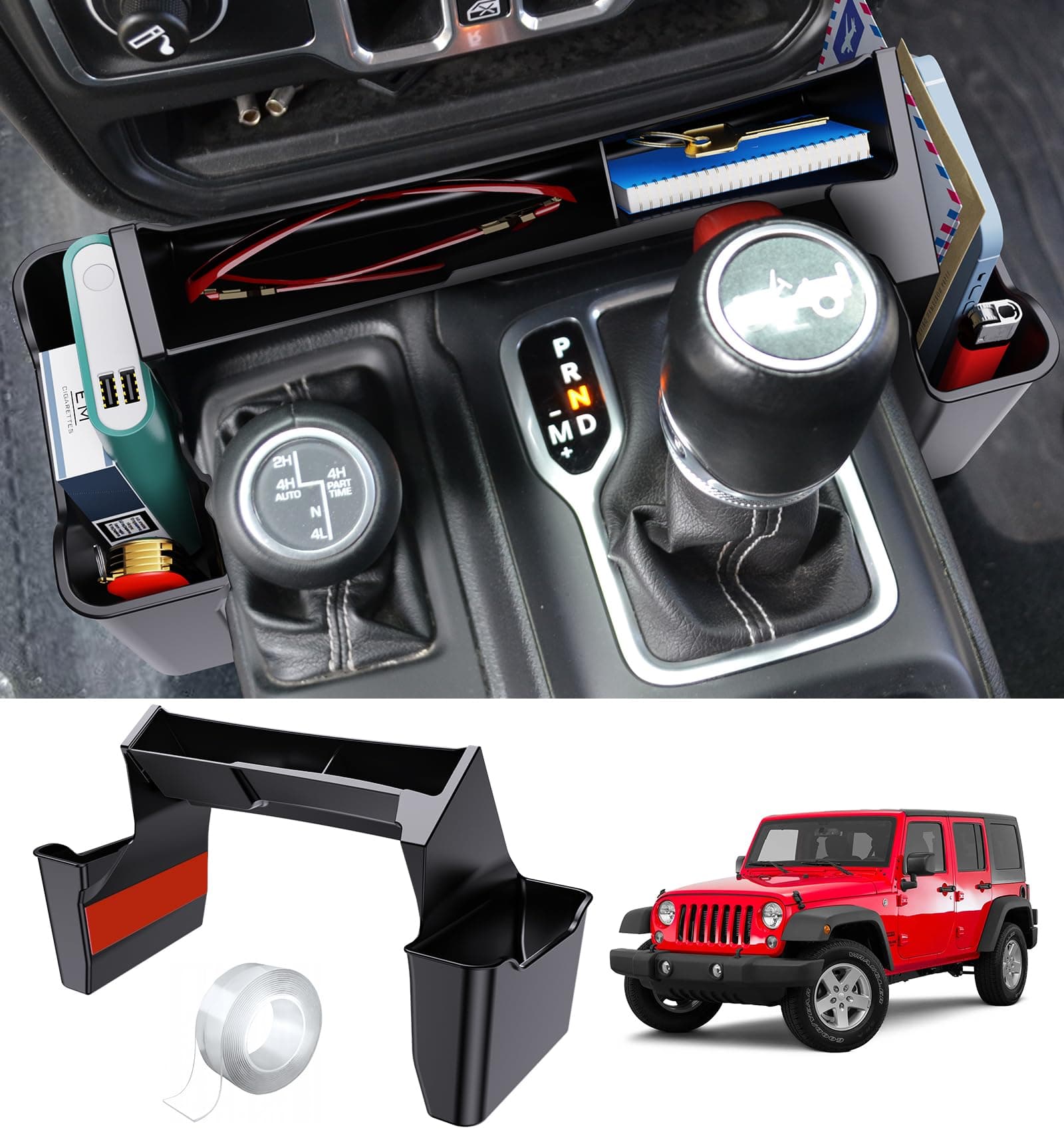 Gear Shift Center Console Side Tray Organizer for Jeep Wrangler JL JLU 4xe 2026 2025 2024 2023 2022 2021 2020 2019 2018&Gladiator JT 2020-2026 Interior Storage Accessories Shifter Storage Box