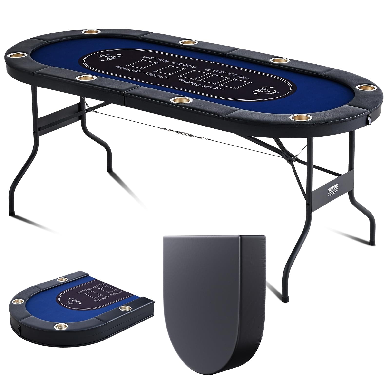 VEVOR 8 Player Poker Table Foldable, Portable Folding Card Board Game Table, Casino Leisure Table, Blackjack Texas Holdem Table with Padded Rails and Stainless Steel Cup Holders,Blue (72 in)