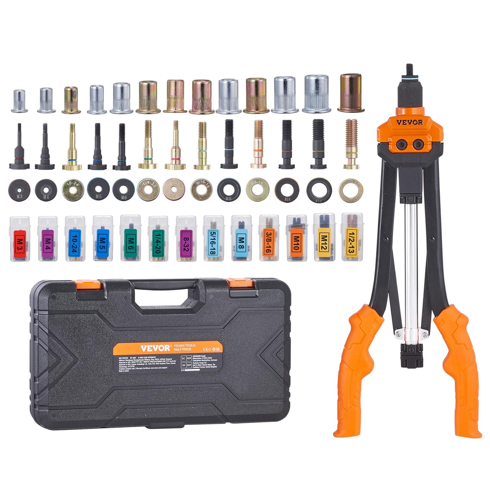 VEVOR Rivet Nut Tool, 16 inch Rivnut Tool Kit with 13PCS Metric and SAE Mandrels, 186PCS Rivet Nuts, Semi-auto Retraction, M3, M4, M5, M6, M8, M10, M12, 1/4-20, 5/16-18, 3/8-16, 1/2-13, 8-32, 10-24