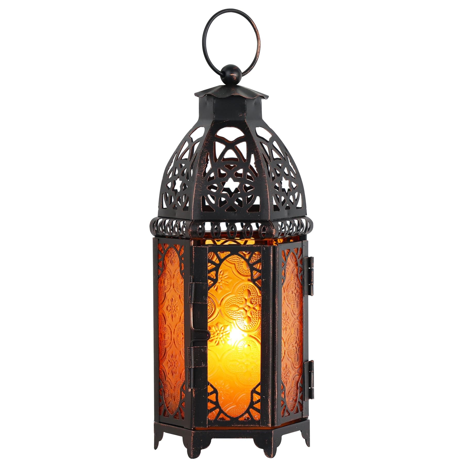 NEEDOMO 11'' Moroccan Lanterns Decorative Indoor & Outdoor, Vintage Christmas Candle Holder, Metal Lanterns Decorative, Table, Patio, Porch, Shelf, Christmas Spring Halloween Home Decor (Amber)