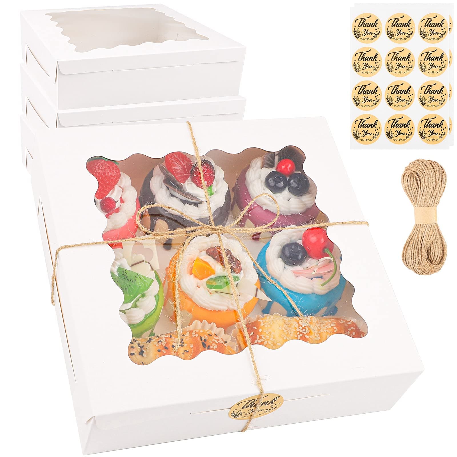 Ruisita 15 Pack Cookie Boxes Bakery Pie Boxes, Large Kraft Cookie Boxes, with PVC Window for Pie and Cookies Boxes Small Natural Craft Paper Box, 22 x 22 x 6.5 cm, White
