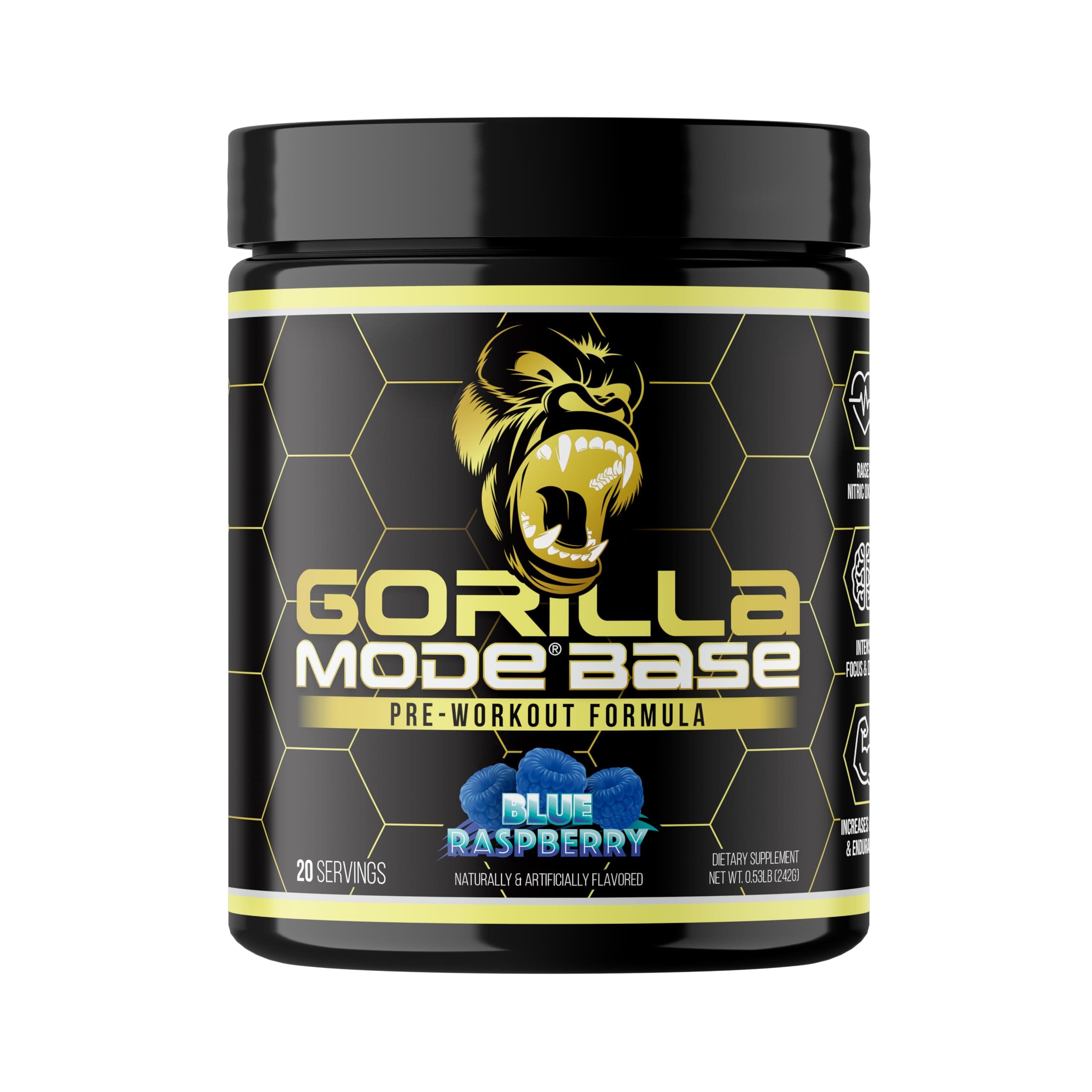 Gorilla Mode Base Pre Workout - Raises Nitric Oxide · Intense Focus & Drive · Endurance · Power - L-Citrulline, L-Tyrosine, Betaine, Alpha-GPC, Caffeine, Huperzine A - 242 Grams (Blue Raspberry)