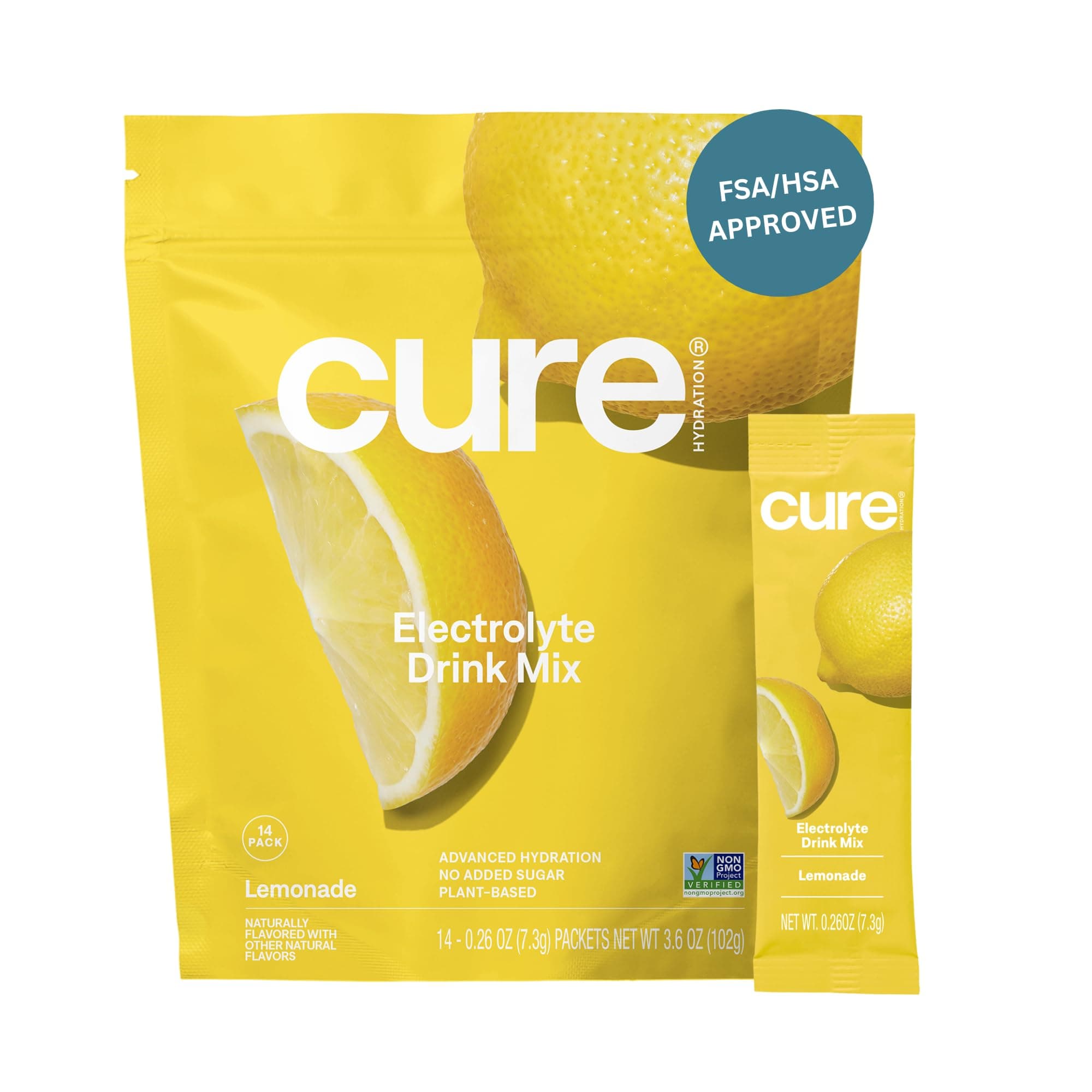 CURE HYDRATION MIX | Plant-Based Electrolyte Drink | No Added Sugar | Relief Powder Made with Coconut Water | Non-GMO | Vegan | FSA & HSA | Pouch of 14 Packets - Lemonade
