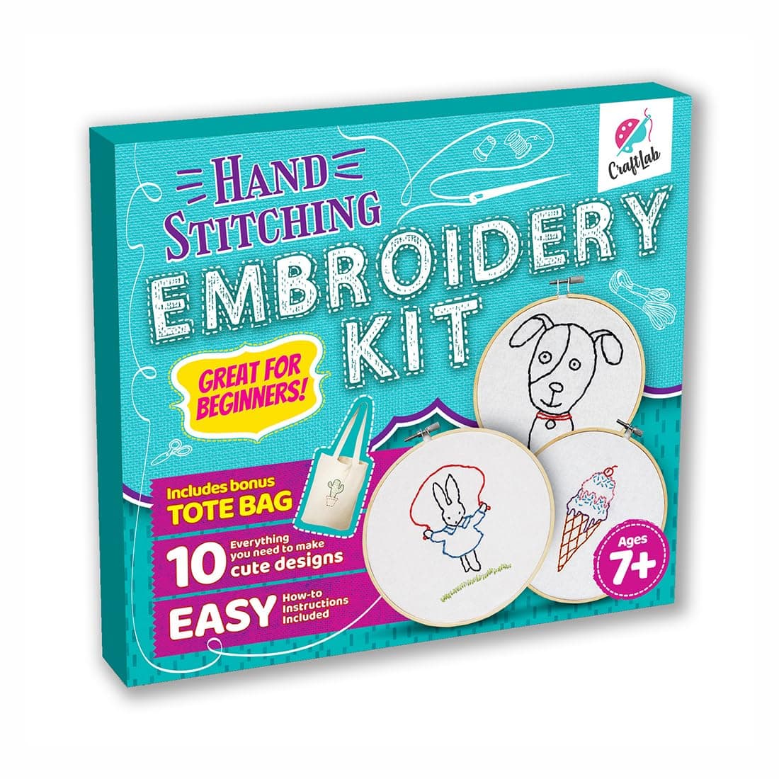 CraftLab Embroidery Kit for Kids - Beginner Sewing Kit with 10 Projects, Hoops, Thread, Patterns