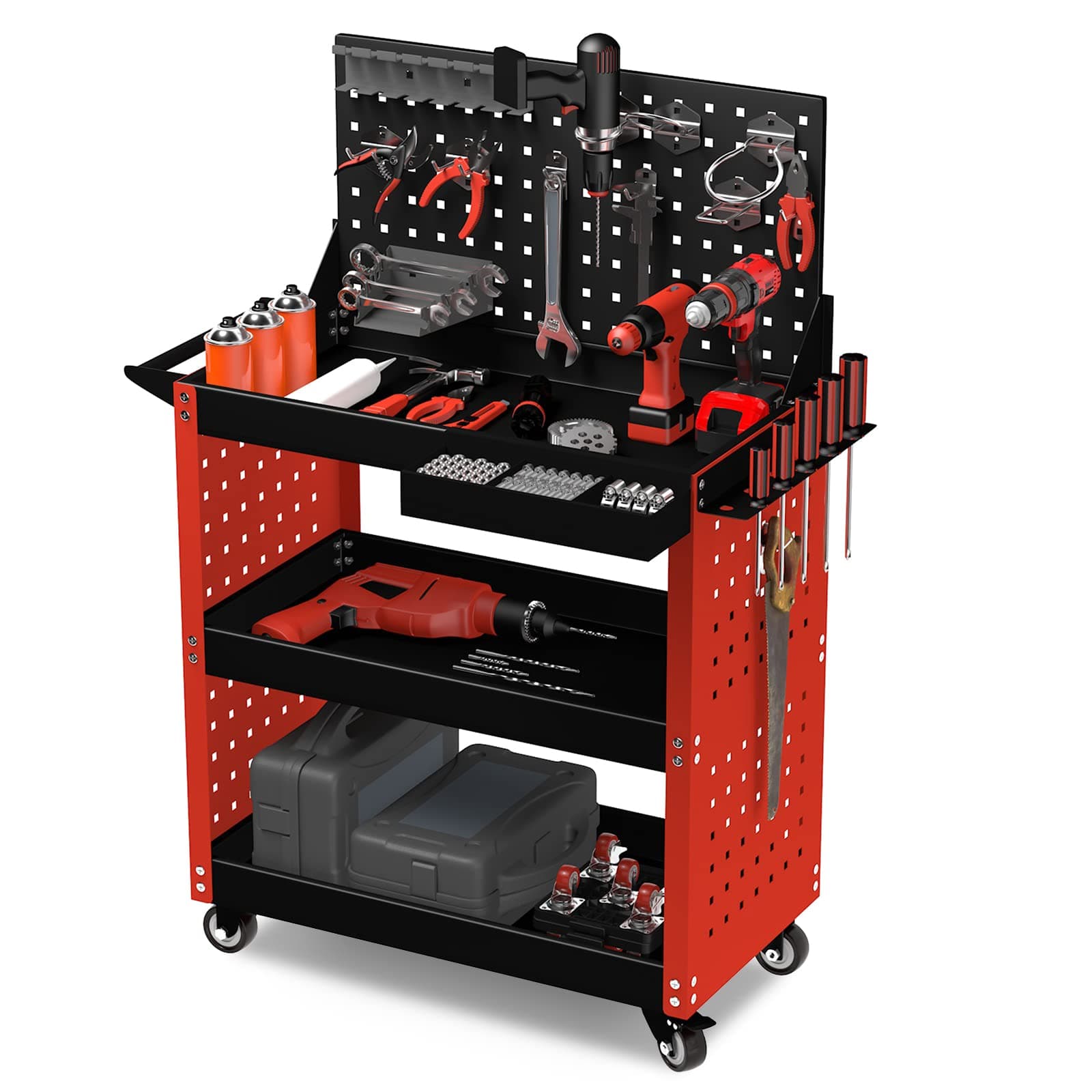 3-Tier Rolling Tool Cart with Lockable Swivel Wheels, Tool Board, and Multi-Purpose Hooks - Supports up to 600 lbs - Ideal for Mechanics, Garages, Warehouses and Repair Shops.
