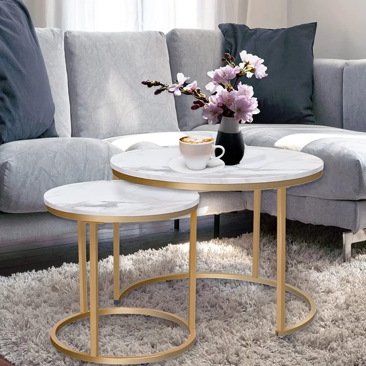 Round Coffee Tables, Removable Set of 2 End Table, Nesting Tables with Gold Metal Frame Legs and Marble White Top for Living Room, Bedroom, Office, Balcony, Apartment (White)