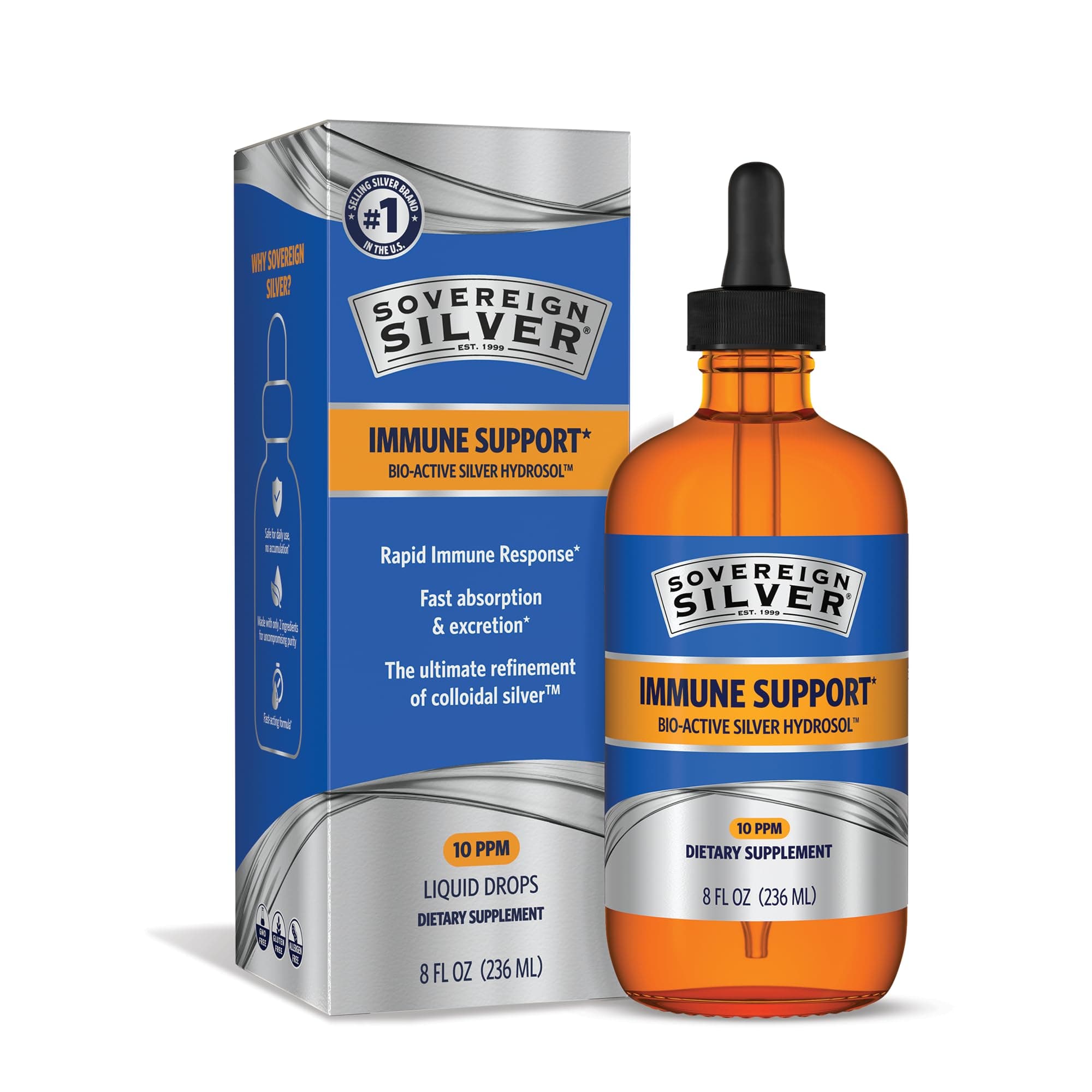 Sovereign Silver Bio-Active Silver Hydrosol For Immune Support - 10 Ppm, 8Oz (236ml) - Dropper