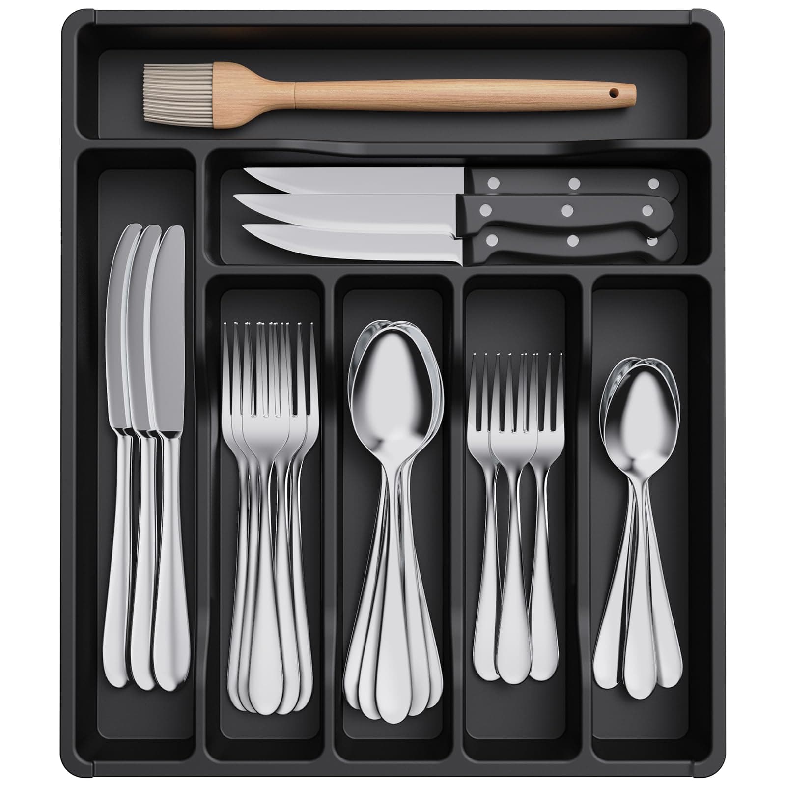 Silverware Drawer Organizer Tray, Plastic Cutlery Storage for Kitchen, Flatware and Utensil Holder Divider for Spoons Forks Knives Tableware, 12.3 x 14.2", 7 Slots, Black