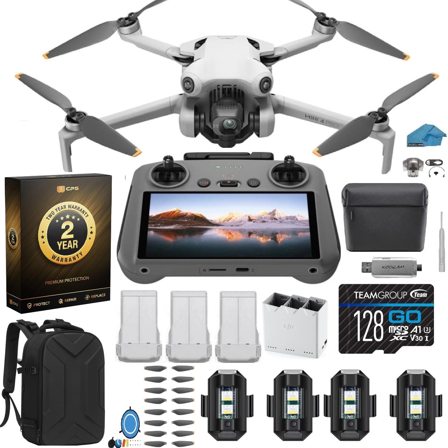 DJI Mini 4 Pro Folding Drone with RC 2 Remote (With Screen) Fly More Combo, 4K HDR Video Camera for Adults, Under 249g, Omnidirectional Sensing, 3 Batteries Bundle with 128 gb SD Card Strobe Lights