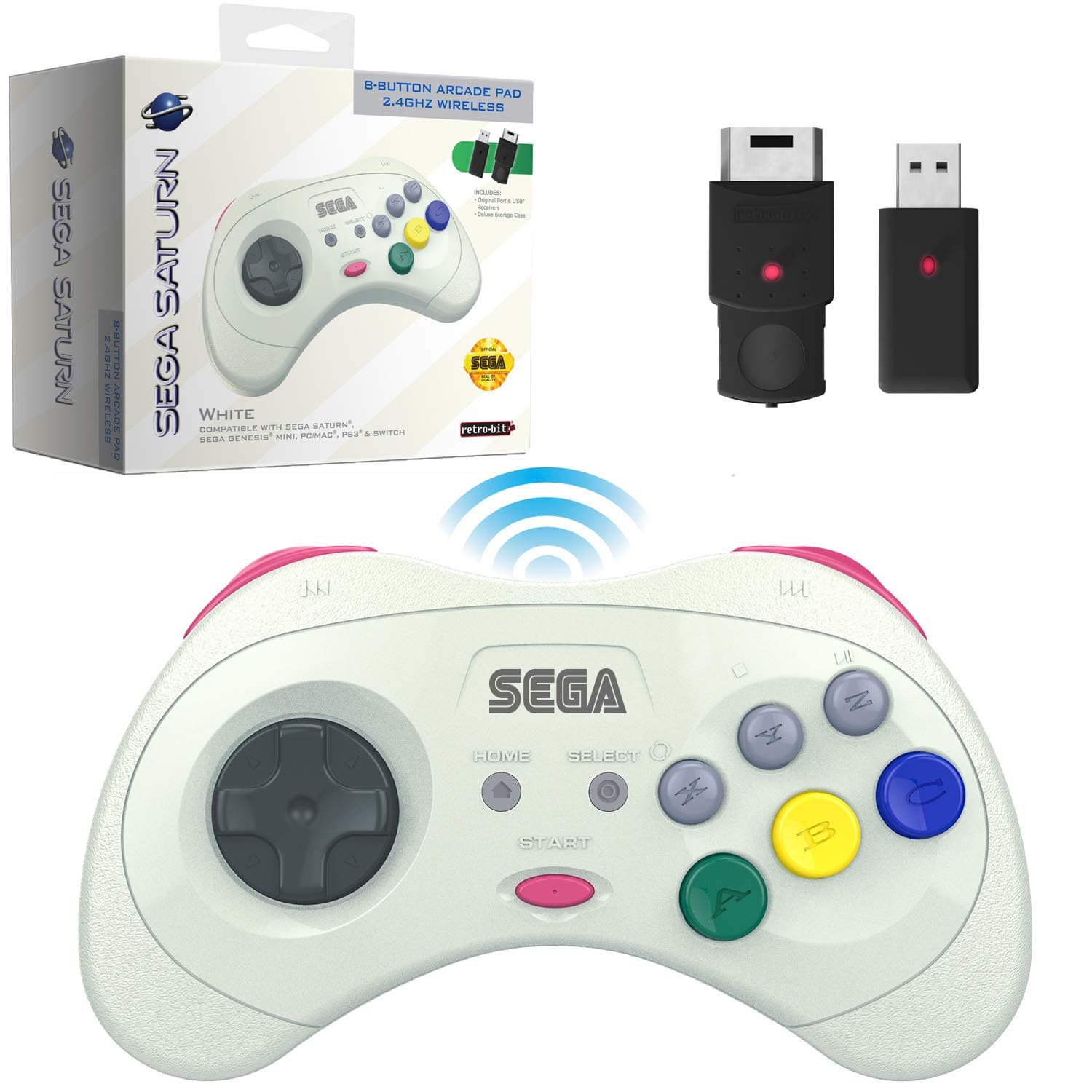 Retro-Bit Official Sega Saturn Wireless Controller for Sega Saturn, Sega Genesis Mini, Switch, PS3, PC, Mac - Includes 2 Receivers & Storage Case (White)