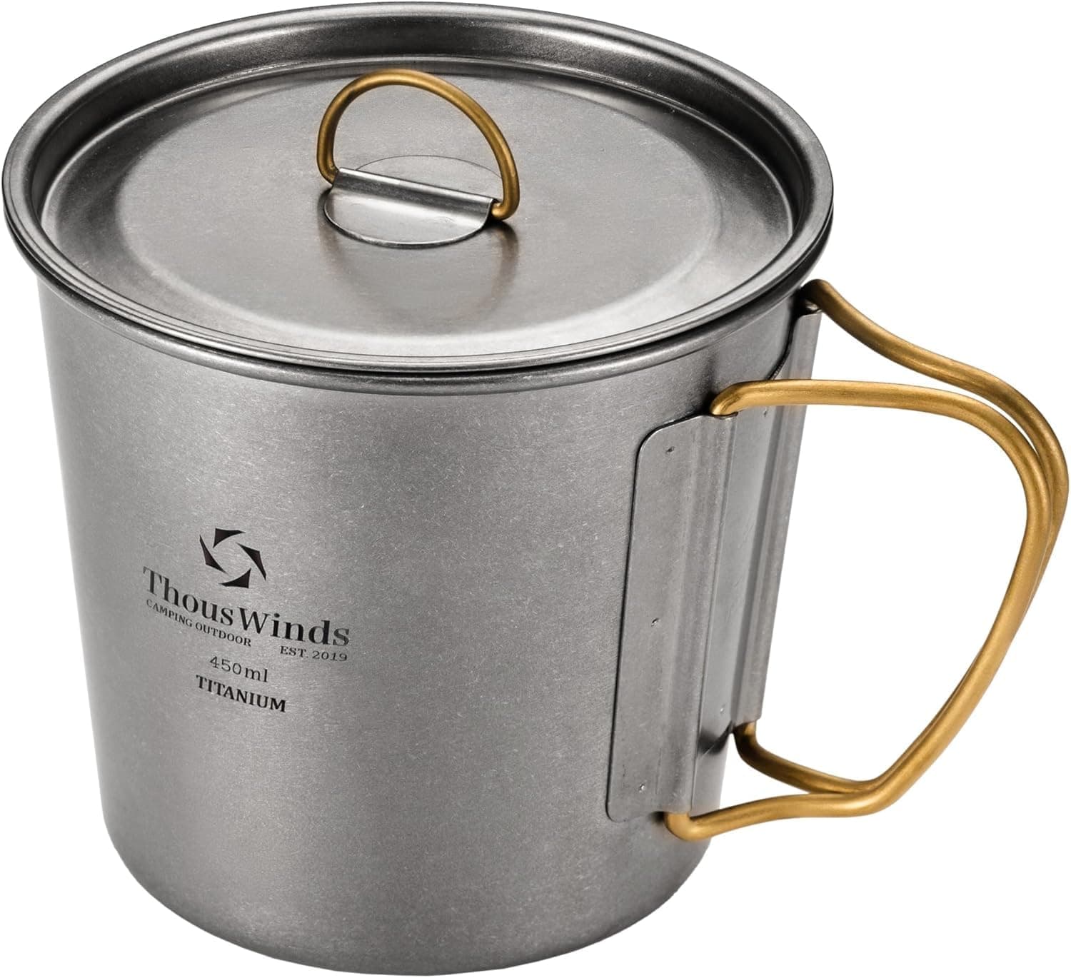 Thous Winds Titanium Mug, 450ml 15oz, Camping Coffee Cup with Foldable Handle and Lid, Lightweight Cup for Outdoor Backpacking Hiking