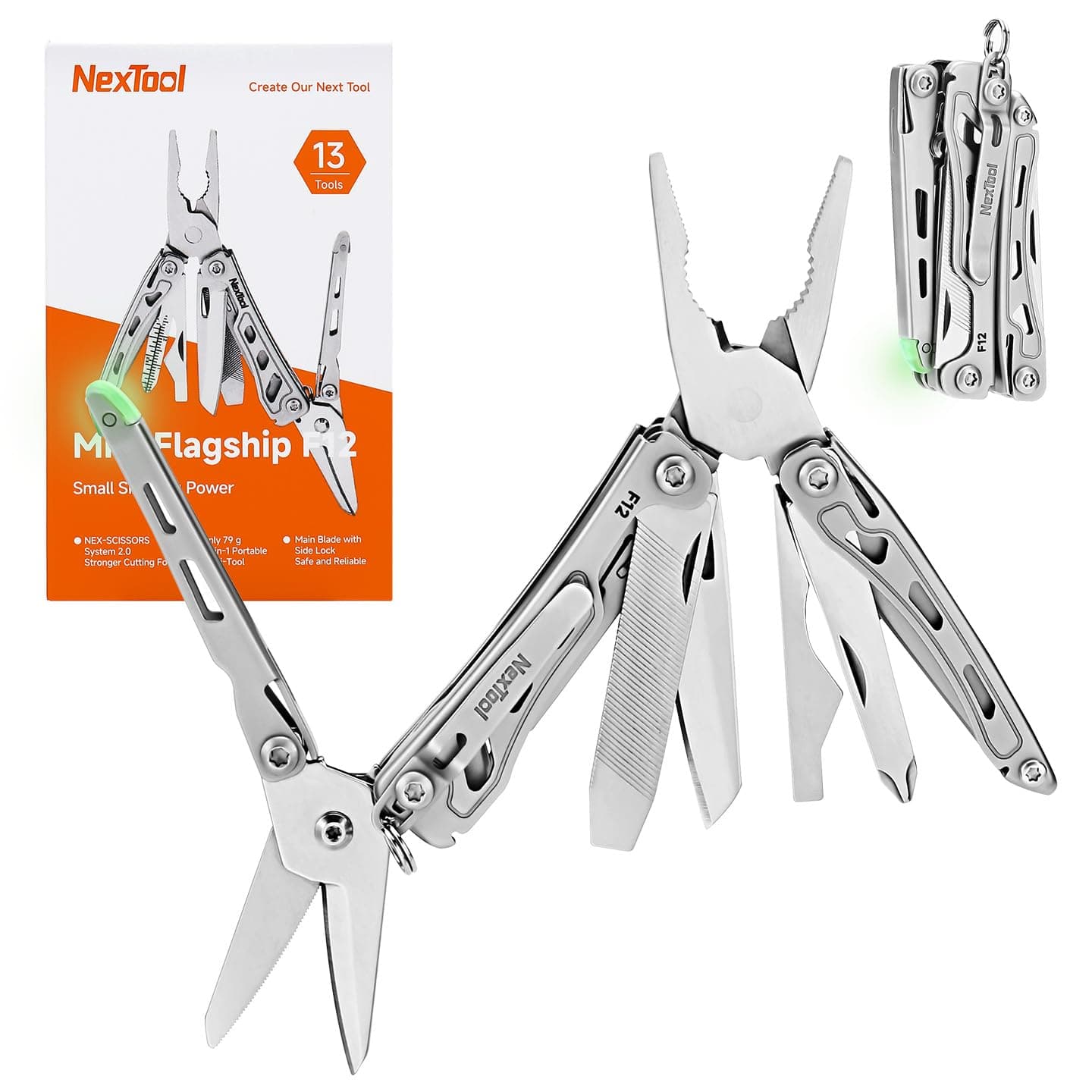 F12 Mini Multitool, 13-in-1 Keychain Multitool with Serrated Scissors, File and Safety Lock, Upgraded 80Cr14Mov Steel Multi Tool for EDC, Outdoor Adventures and DIY, Gifts for Men