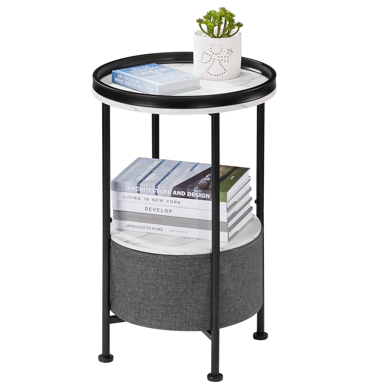 Industrial 2 Tier Round End Table,24" High Round Side Table with Tray & Storage Basket, Home Office Small Coffee Table for Living Room Bedroom