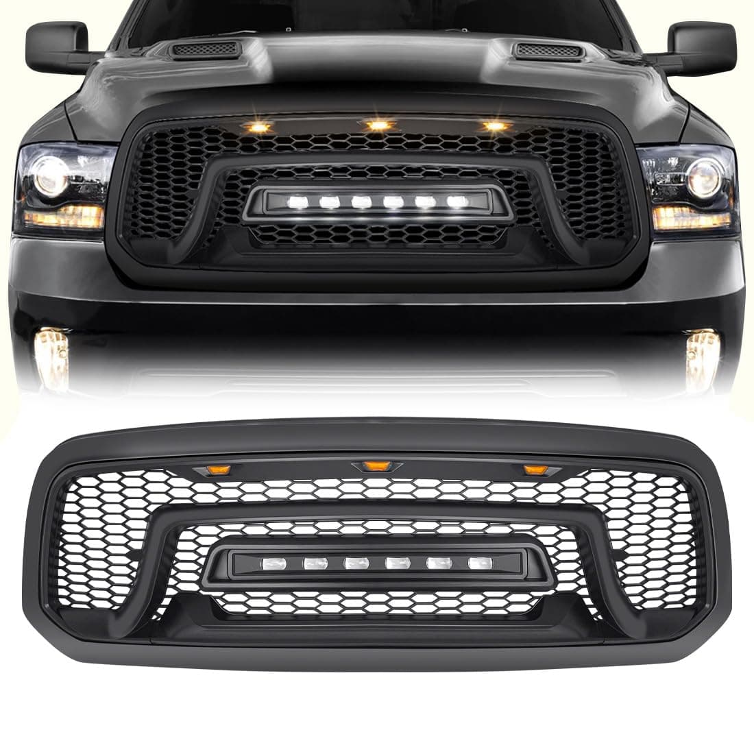 Front Grille Compatible with 2013-2018 Dodge Ram 1500, Front Bumper Grill w/Off-Road Lights