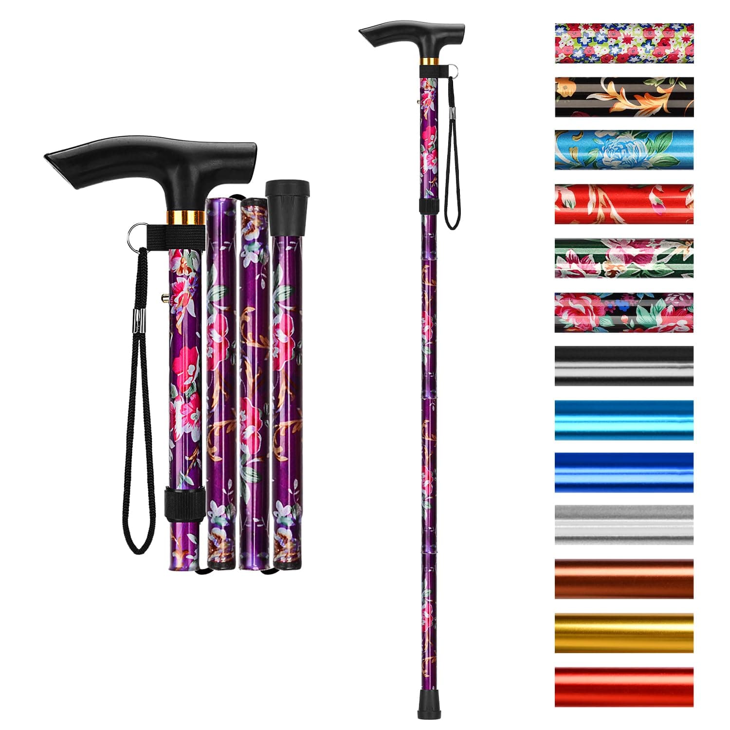 supregear Folding Cane, 5-Level Adjustable Height Walking Stick Lightweight Portable Cane Travel Cane with Wrist Strap and T Handle for Elderly Disabled Men Women, Purple Floral