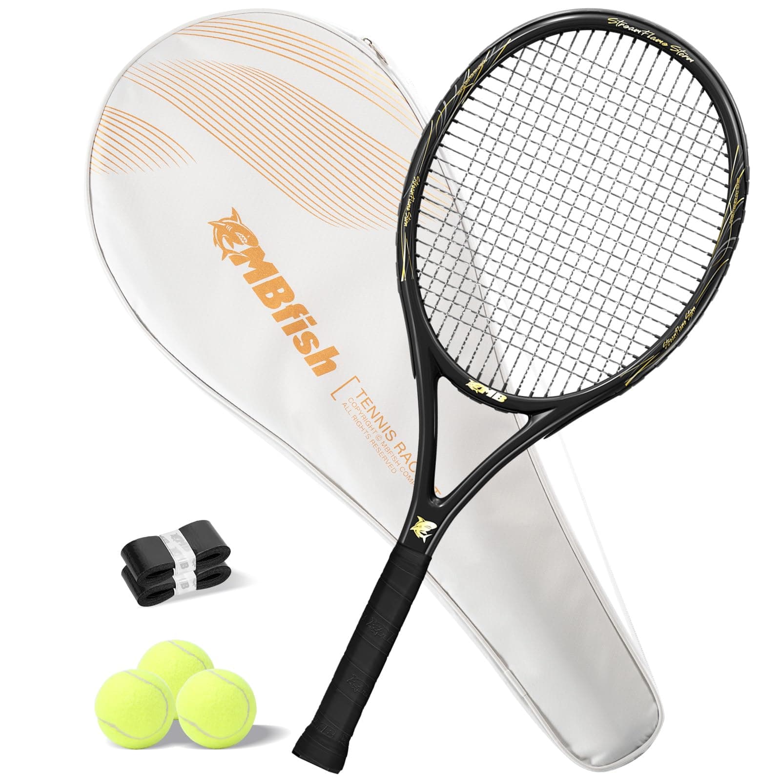 MBFISHTennis Racket - Super Value Set with Pre-Strung, Comfortable Handle, 27'' Tennis Racquet for Adults, includes 3 Tennis Balls, 2 Overgrips and 1 Tennis Bag