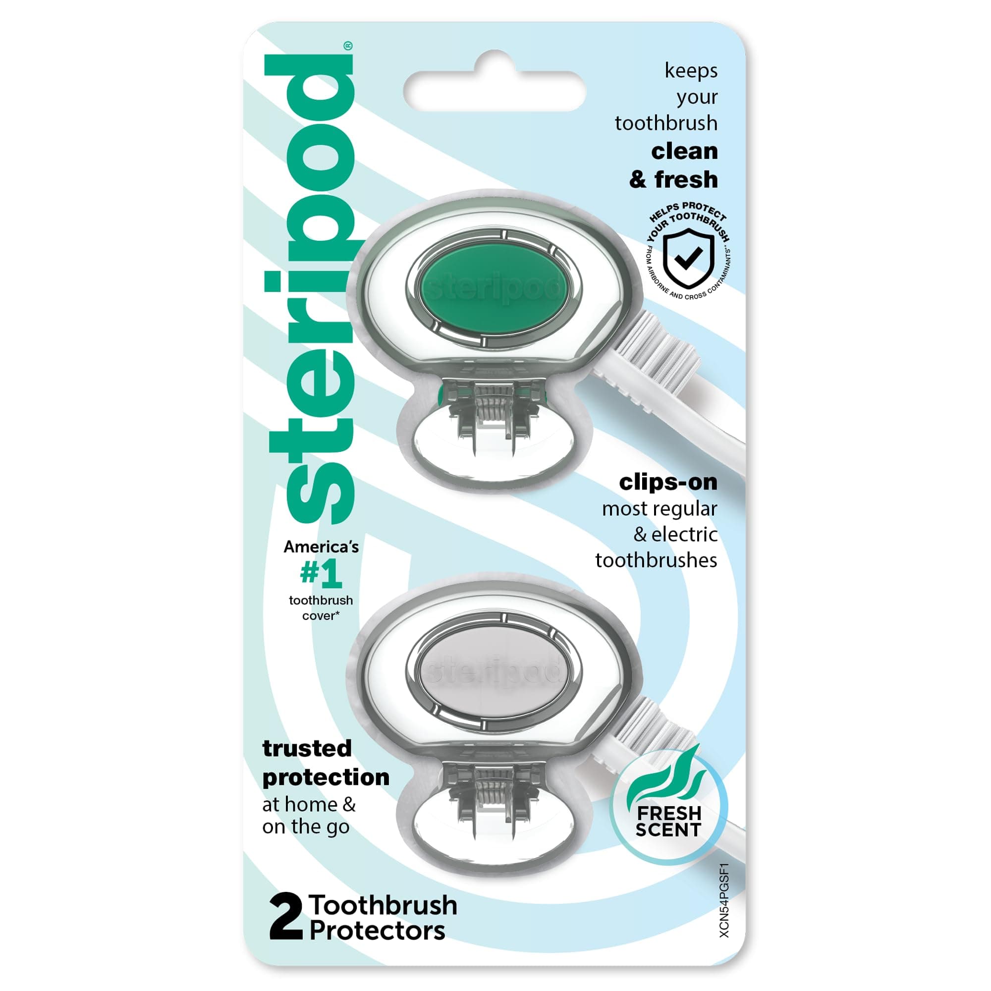 Steripod Clip-on Toothbrush Protector, Green/Silver, 2 Count