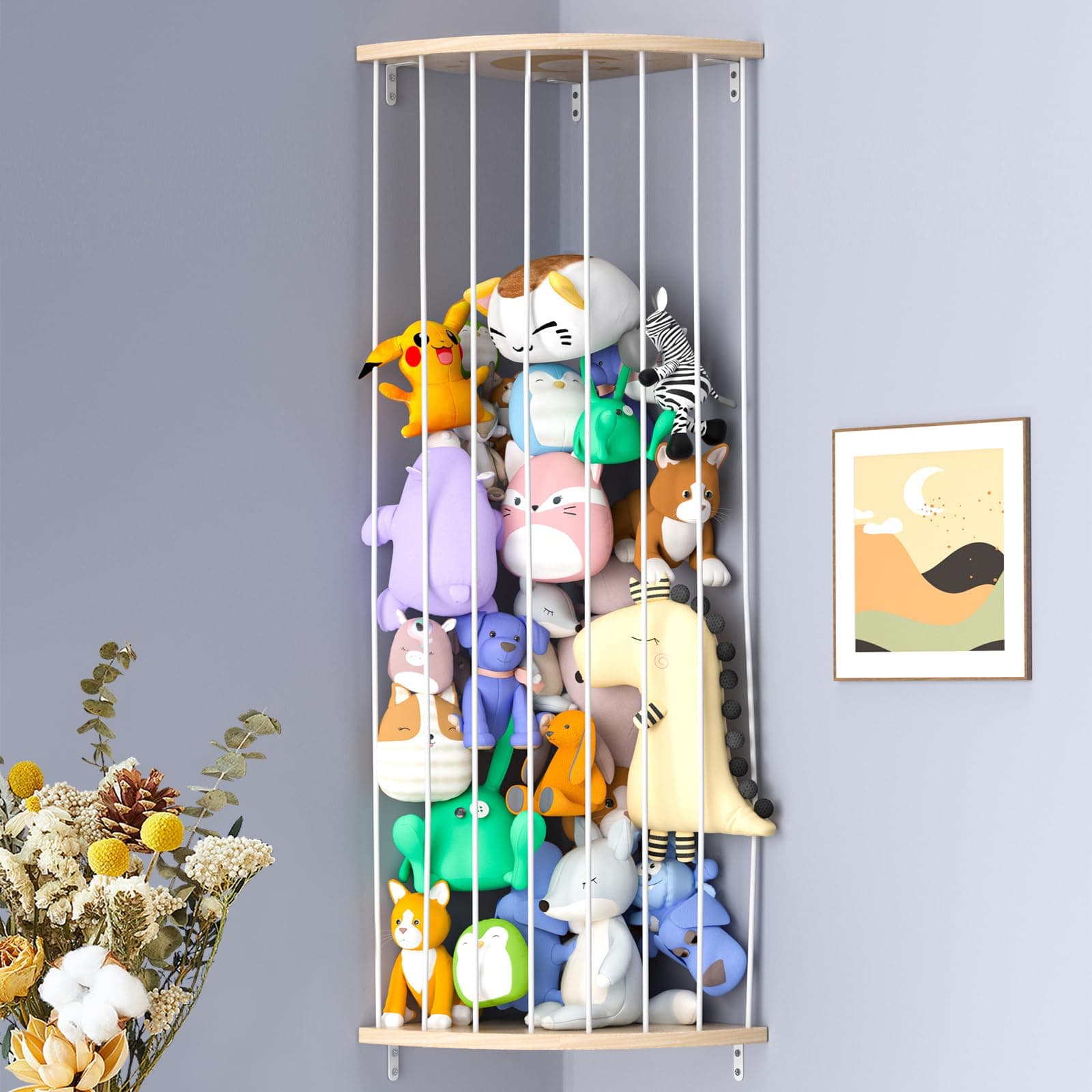Corner Stuffed Animal Storage Zoo, Large Adjustable Solid Wood Plush Toy Organizer, Hanging Stuffie Holder Shelf & Cage with Engraved Dinosaur Star Moon for Kids Nursery Playroom
