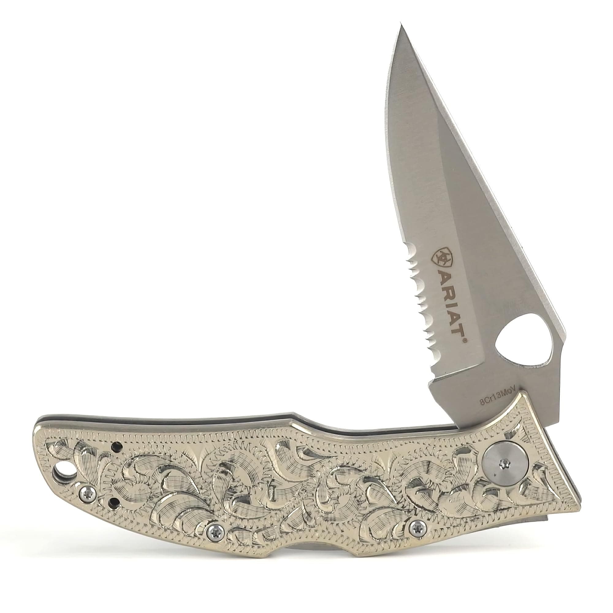 ARIAT Medium German Folding Knife - Engraved Western Design (Silver Handle)