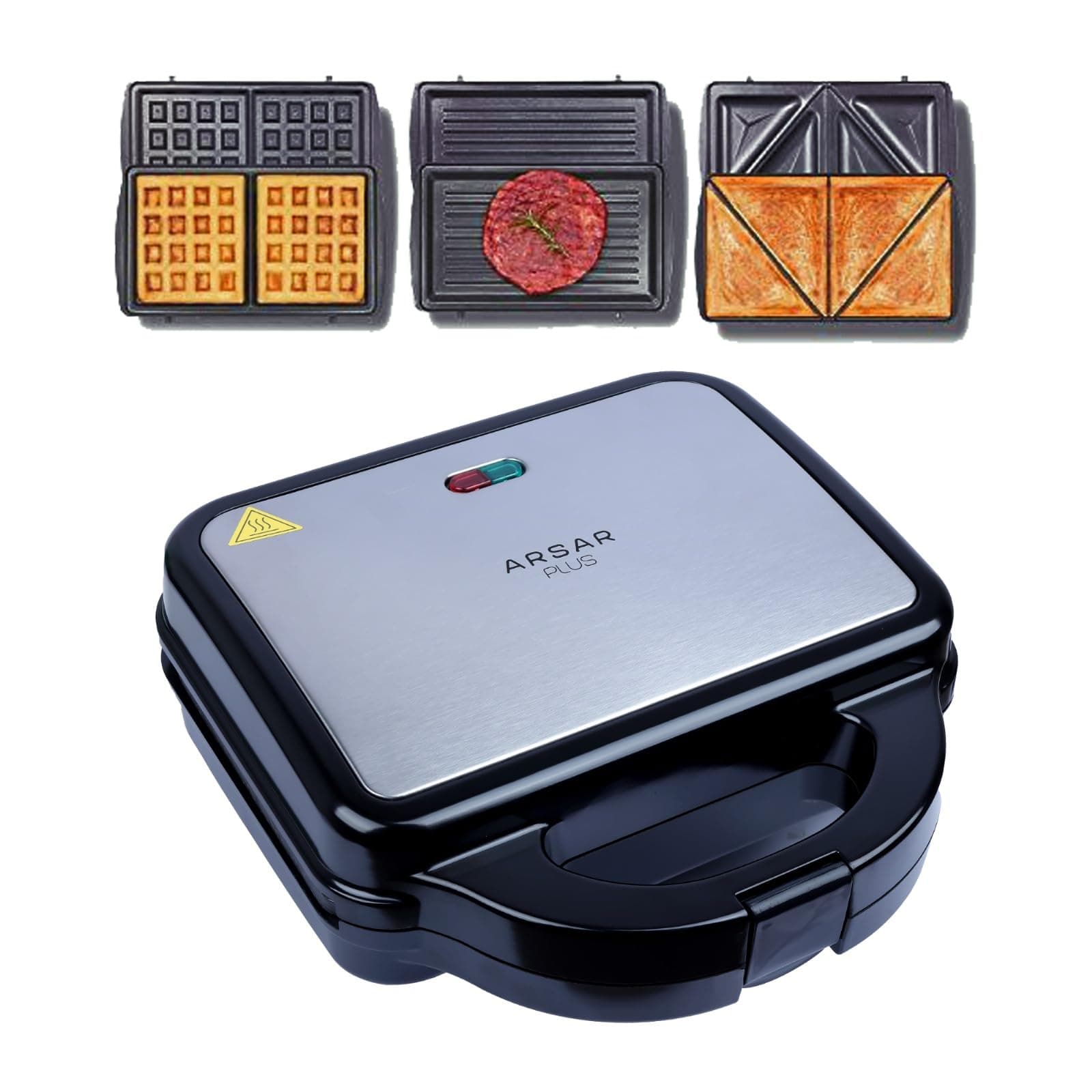 ARSAR PLUS Sandwich Maker 3 in 1 Interchangable 1200W HIGH POWER Double sided Heating Fancy breakfast macine sandwich,stripe,waffle plat