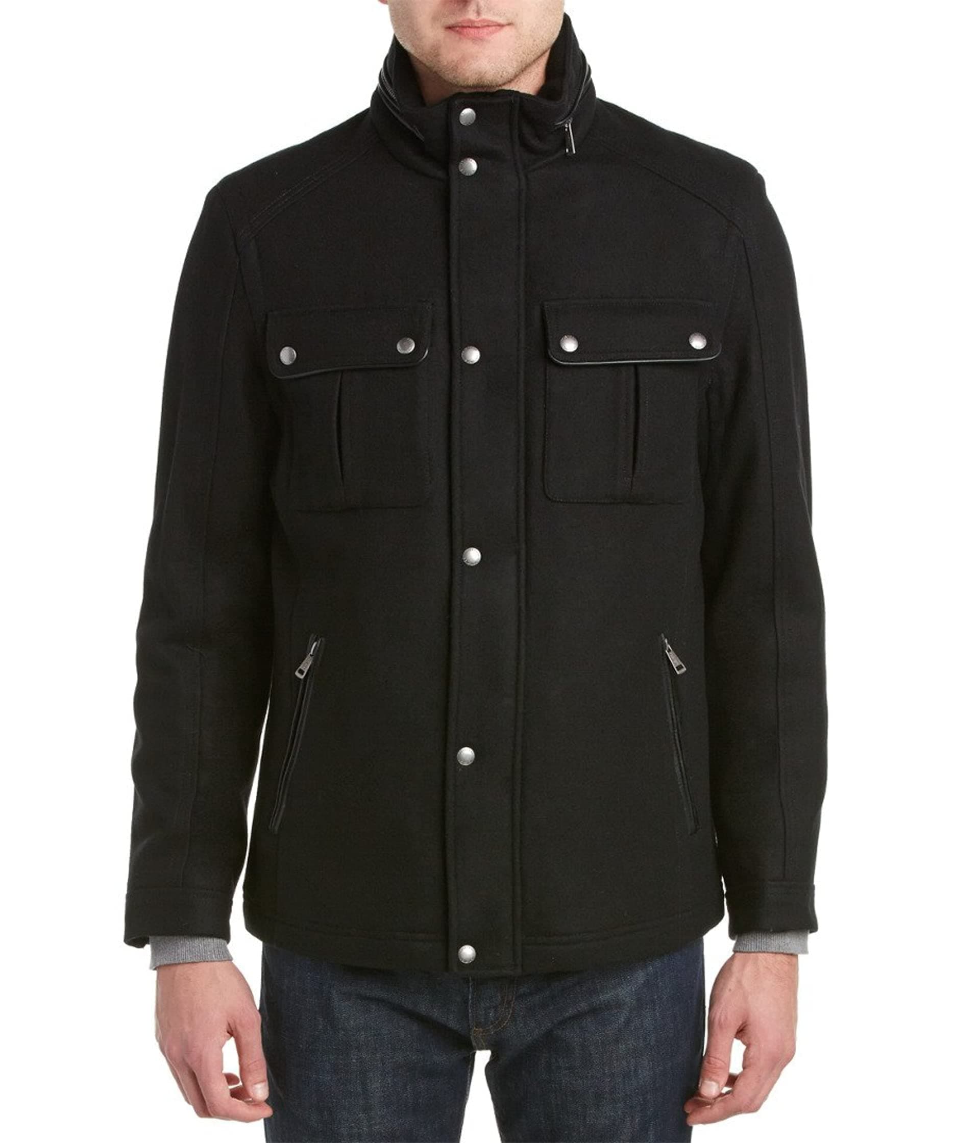 Signature Men's Wool Melton Stand Collar Jacket with Patch Pockets