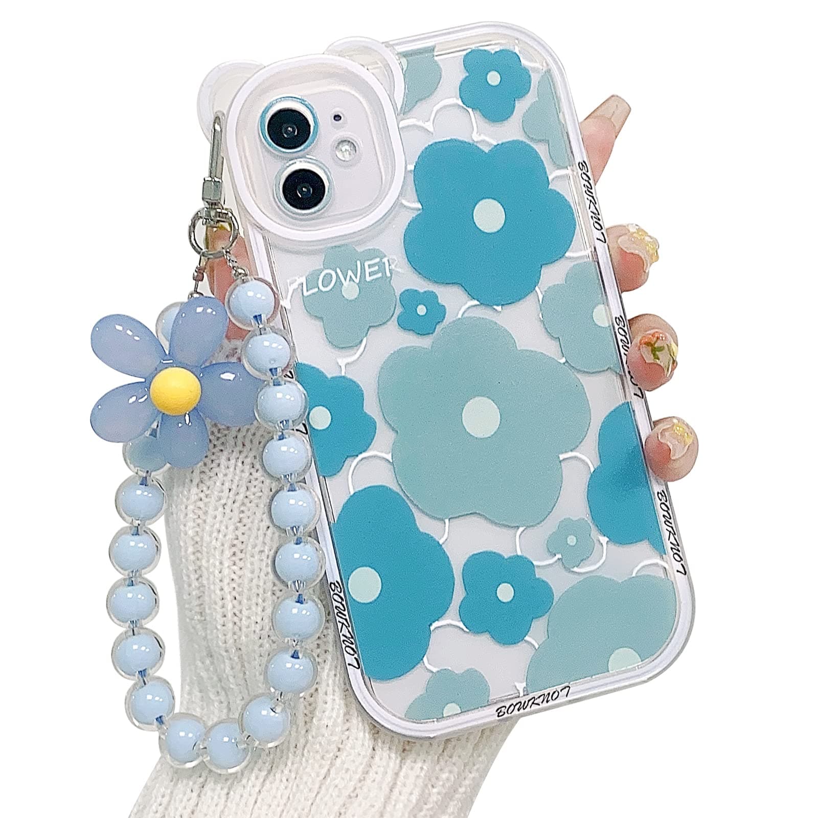 NITITOP Compatible for iPhone 11 Case Clear Floral Bear Camera Lens Case with Lovely Flower Bracelet Chain for Women Girls, Soft TPU Shockproof Protective-Blue