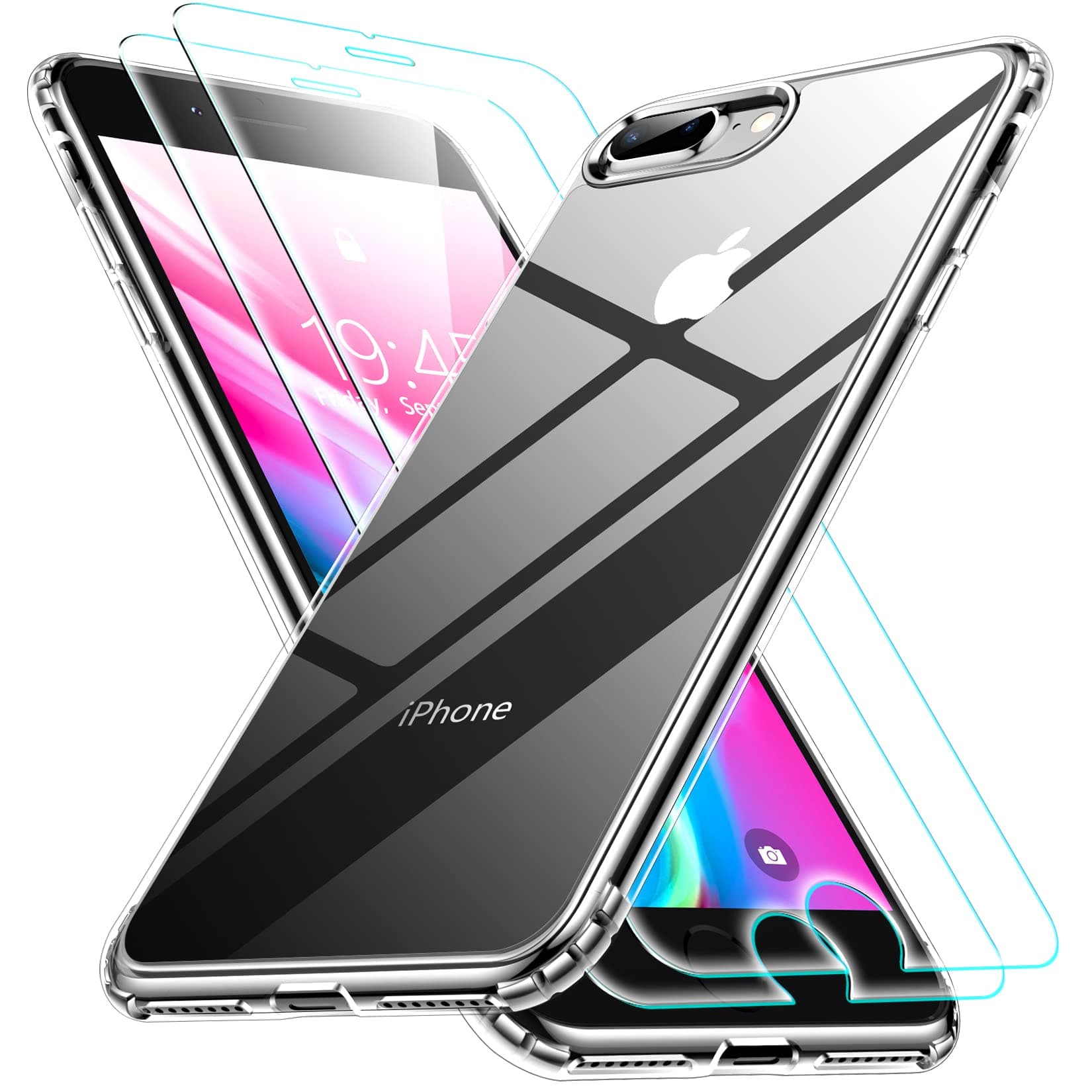 SPIDERCASE for iPhone 7/8 Plus Case, [Crystal Clear Not Yellowing] [Military Grade Drop Protection] [2 Pcs Tempered Glass Screen Protector] Slim Thin Cover for iPhone 7/8 Plus 5.5 inch Case (Clear)