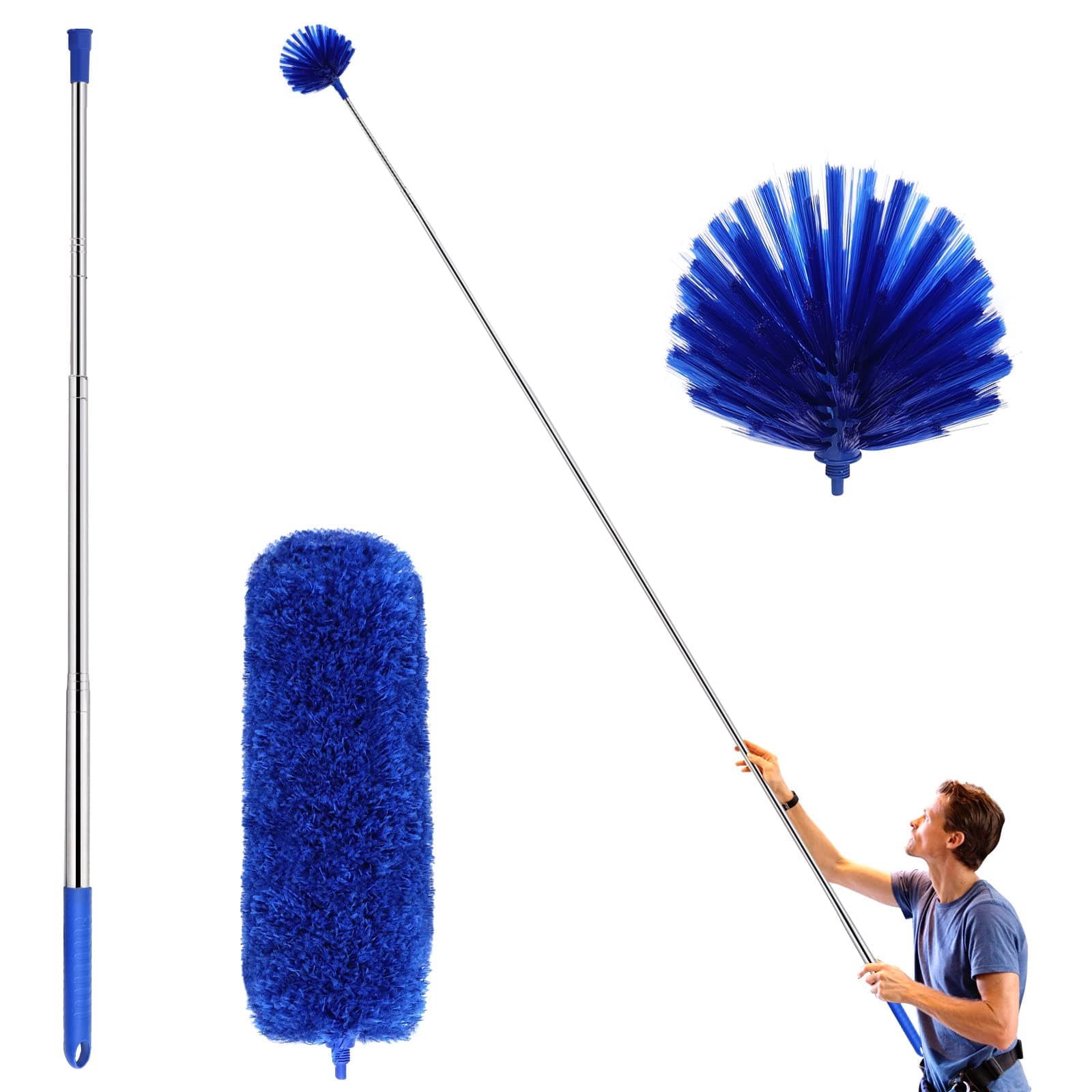 Cobweb Duster with Extension Pole, Washable Cleaning Duster Kit with 2 Duster Heads, Cobweb Duster, Corner Brush, Aluminum Telescoping Pole for Ceiling Fan (Blue)