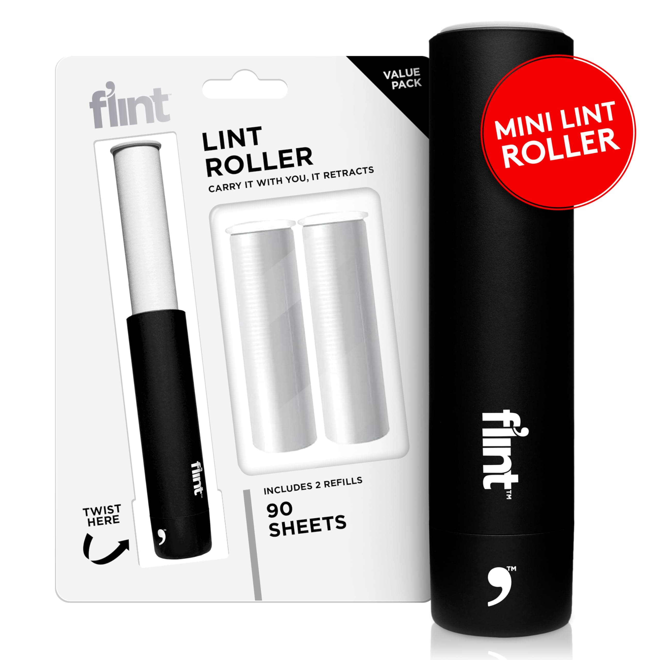 Flint Classic Black Retractable Mini Lint Roller with 90 Extra Sticky Sheets, Small and Portable Lint Roller, Ideal Pet Hair Remover, Travel Lint Rollers for pet Hair Extra Sticky