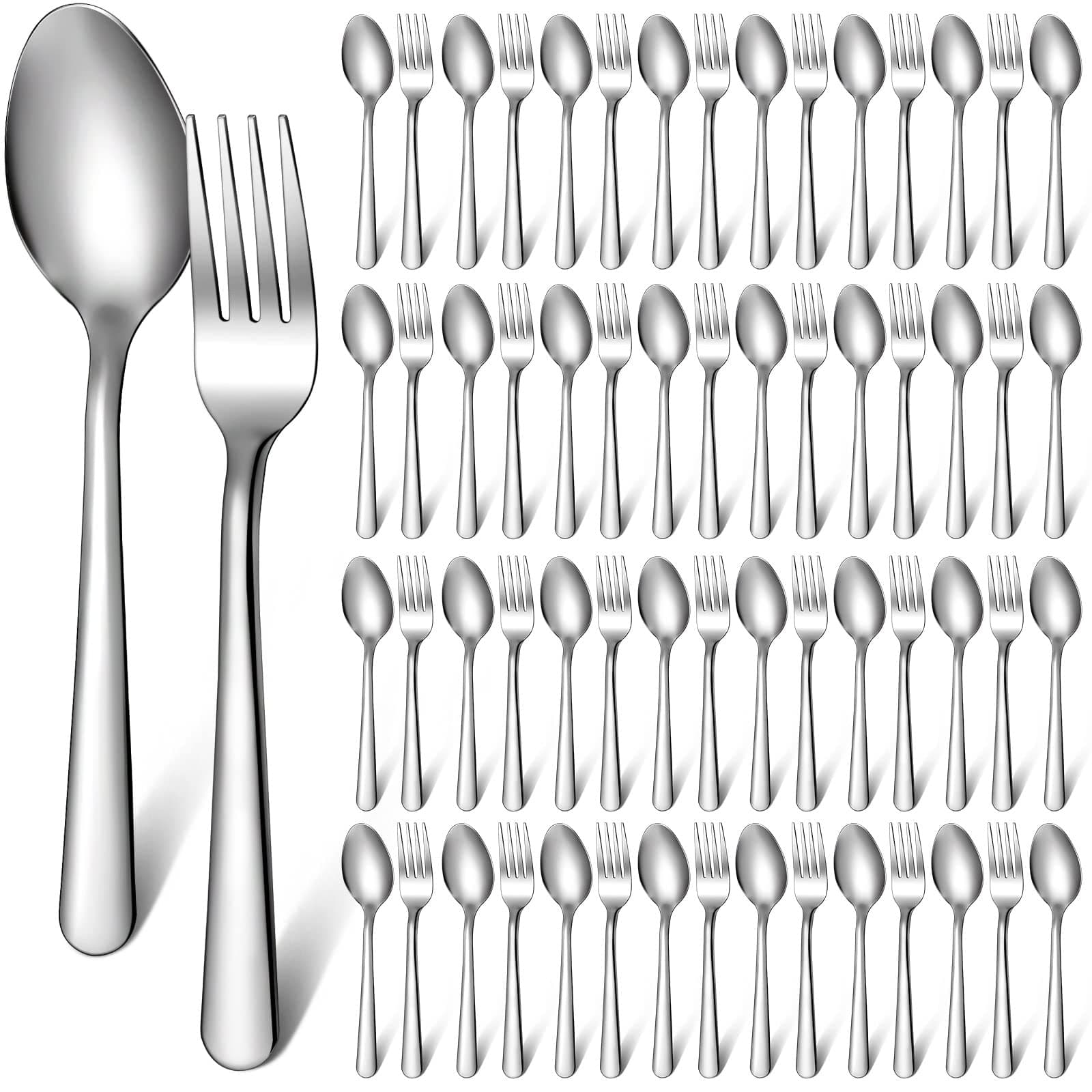 BBTO 100 Pcs Forks and Spoons Silverware Set Bulk Stainless Steel Flatware Cutlery Set 6.7'' Kitchen Utensils for Home Restaurant 50 Dinner Fork, 50 Teaspoon, Mirror Polished, Dishwasher Safe