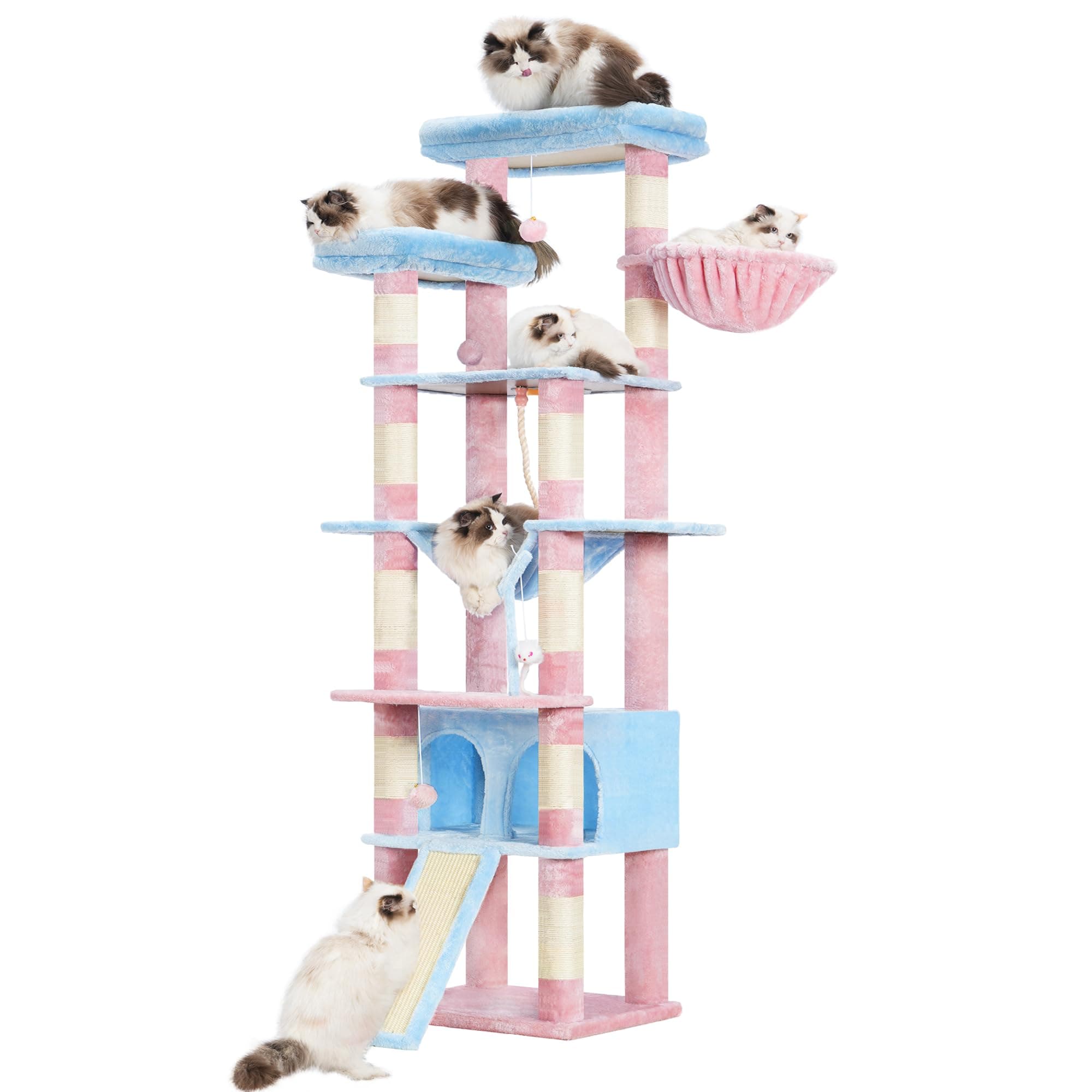 Heybly Tall Cat Tree,78 inch Multi-Level Cat Tower for Indoor Cats,2 Widened Plush Perches Cat Condo with Scracthing Board and Big Caves,Blue and Pink HCT033BP