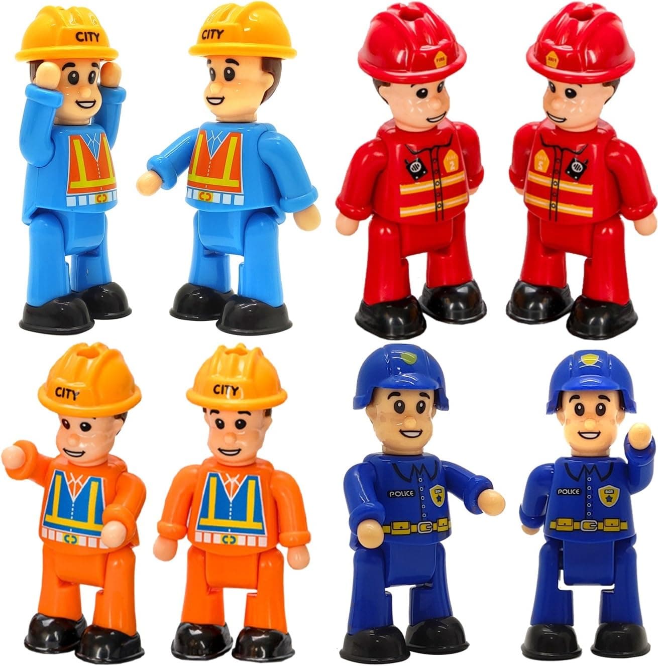 8-Set Bendable Play People Figures for Kids - Firefighters, Police Officers, Construction Workers, Sanitation and Community Helpers Figurines