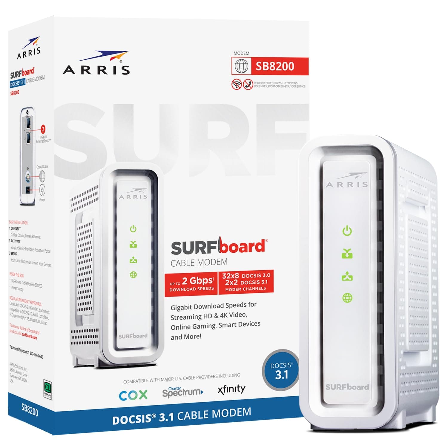ARRIS (SB8200) - Cable Modem - Fast DOCSIS 3.1, Approved for Comcast Xfinity, Cox, Charter Spectrum, & more | 1 Gbps Max Internet Speed, 4 OFDM Channels