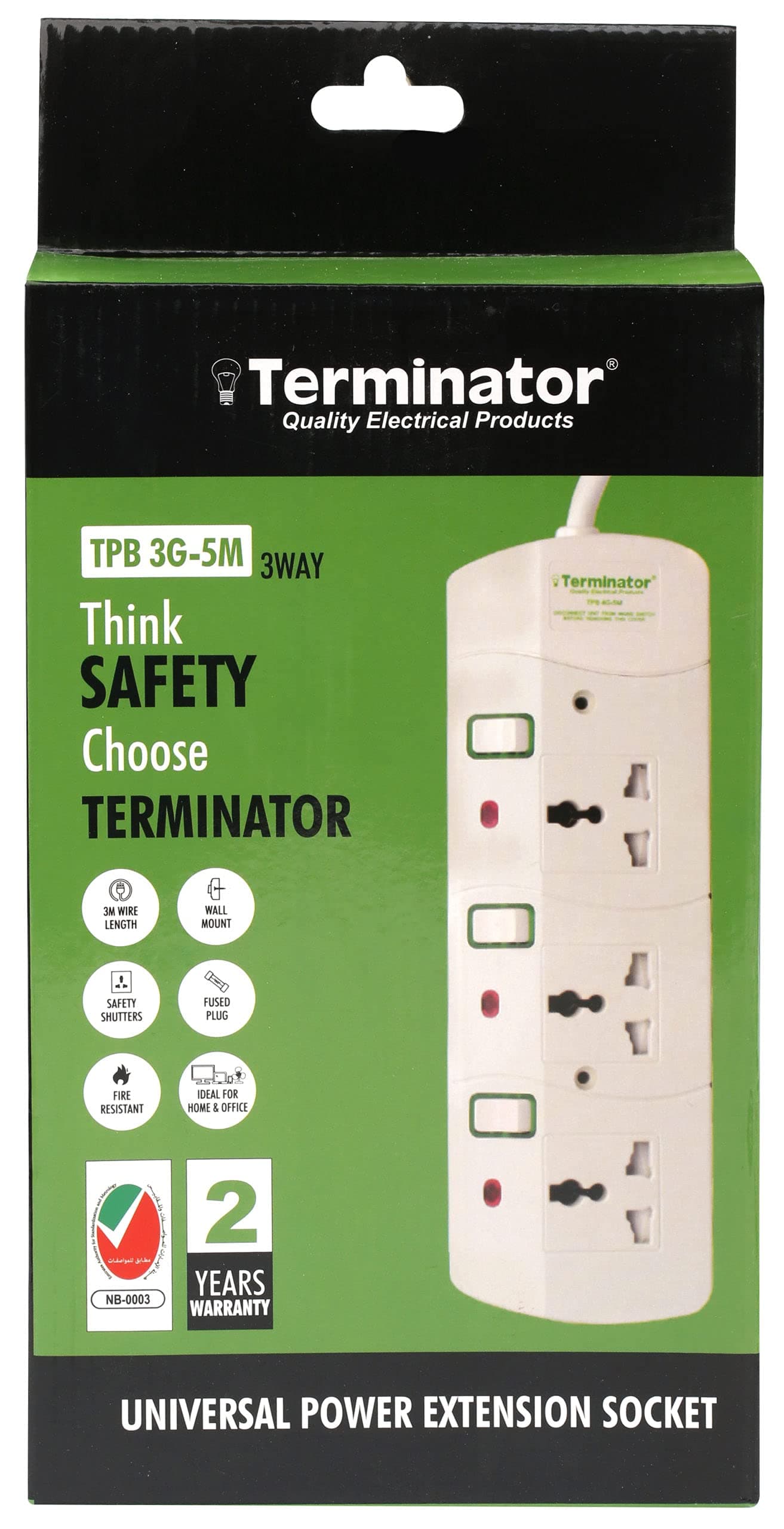 Terminator 3-Way Universal Power Extension Socket, 5M Cable, 13A Fused plug, Fire-Resistant, Individual Switches with Neon Indicator, Safety Shutters, ESMA Approved TPB 3G-5M