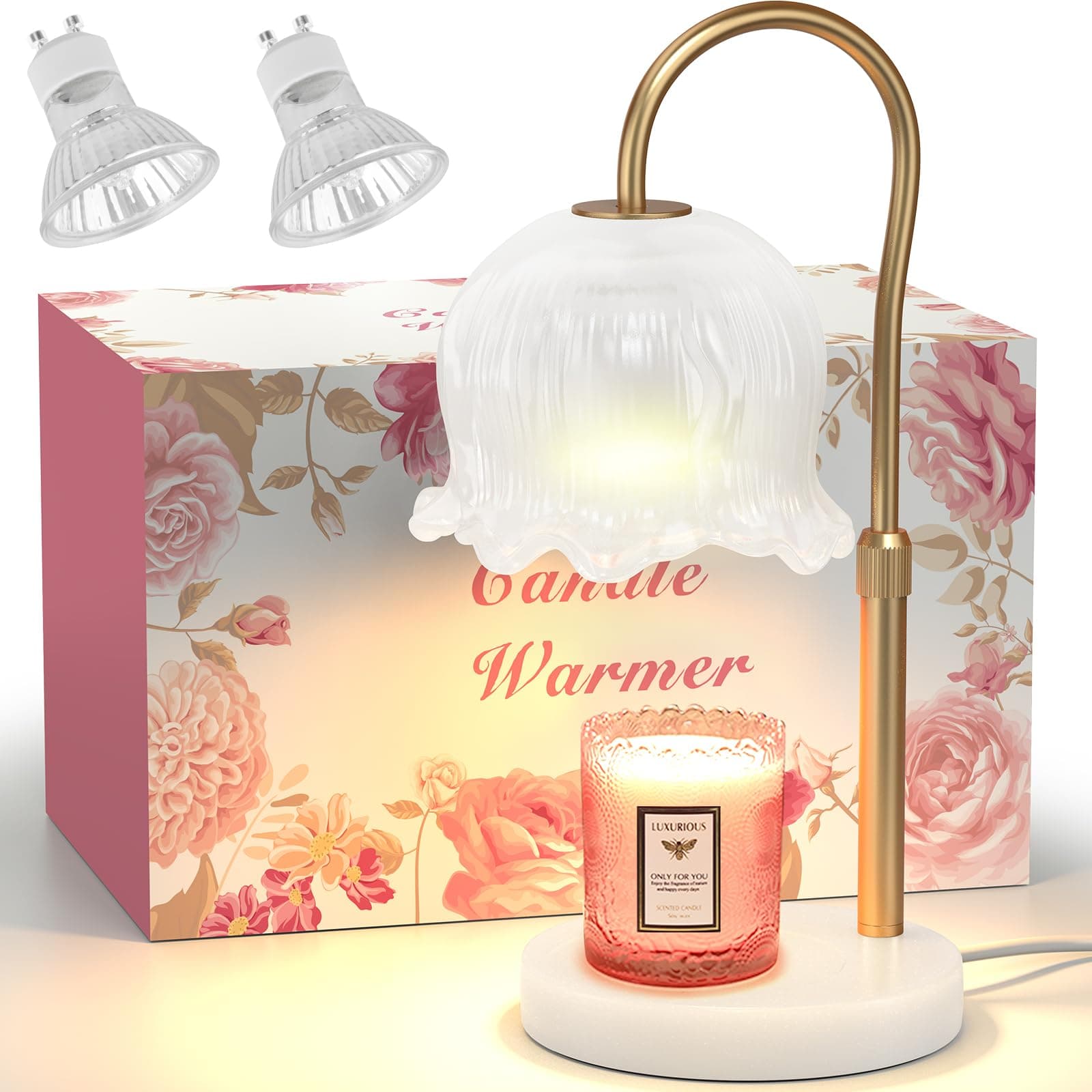 Candle Warmer Lamp with Timer - Modern Flower Shape, Dimmable, Height-Adjustable Candle Heat Lamp with Premium Marble Base for Glass Candles, Scented Wax, 2 Bulbs Included for Home Decoration