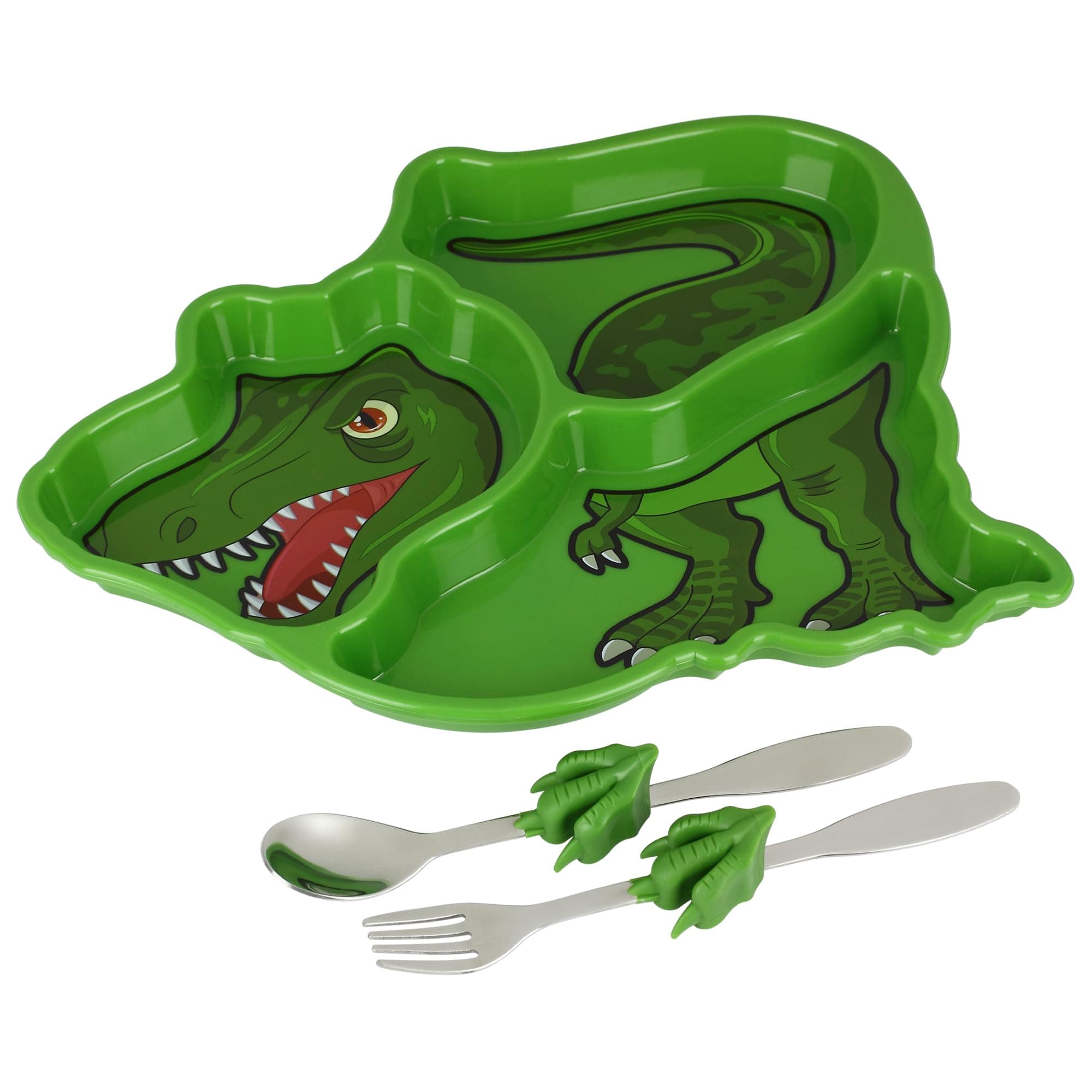 KidsFunwares T-Rex Dinosaur Me Time Meal Set, Portion Control Divided Plate with Fork and Spoon for Kids